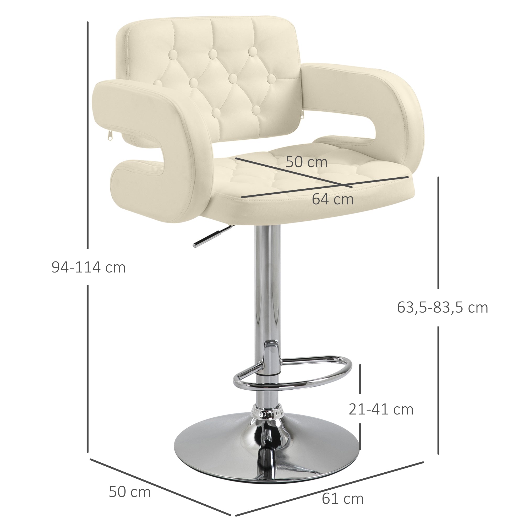 Tabouret de bar pivotant à 360°, chaise de bar réglable en hauteur avec dossier rembourrée, repose-pieds et accoudoirs, chaise haute cuisine en PU et métal pour salle à manger, comptoir, blanc