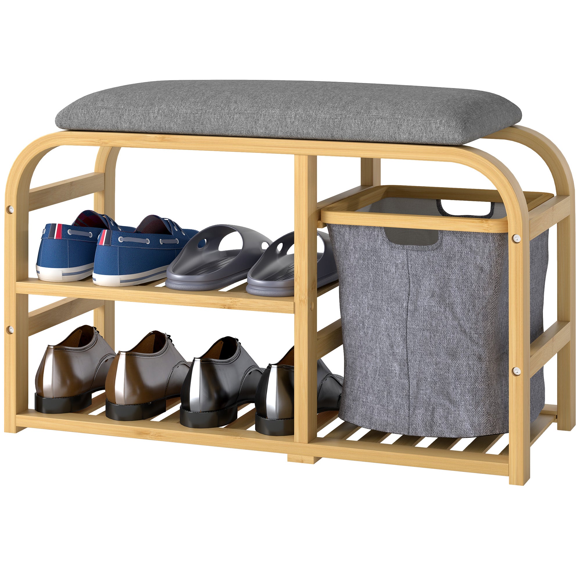 Banc à chaussures en bambou meuble à chaussures avec coussin d'assise, 2 étagères à lattes et panier en tissu coulissant, banc d'entrée pour couloir, chambre, 70x30x45cm, bois naturel