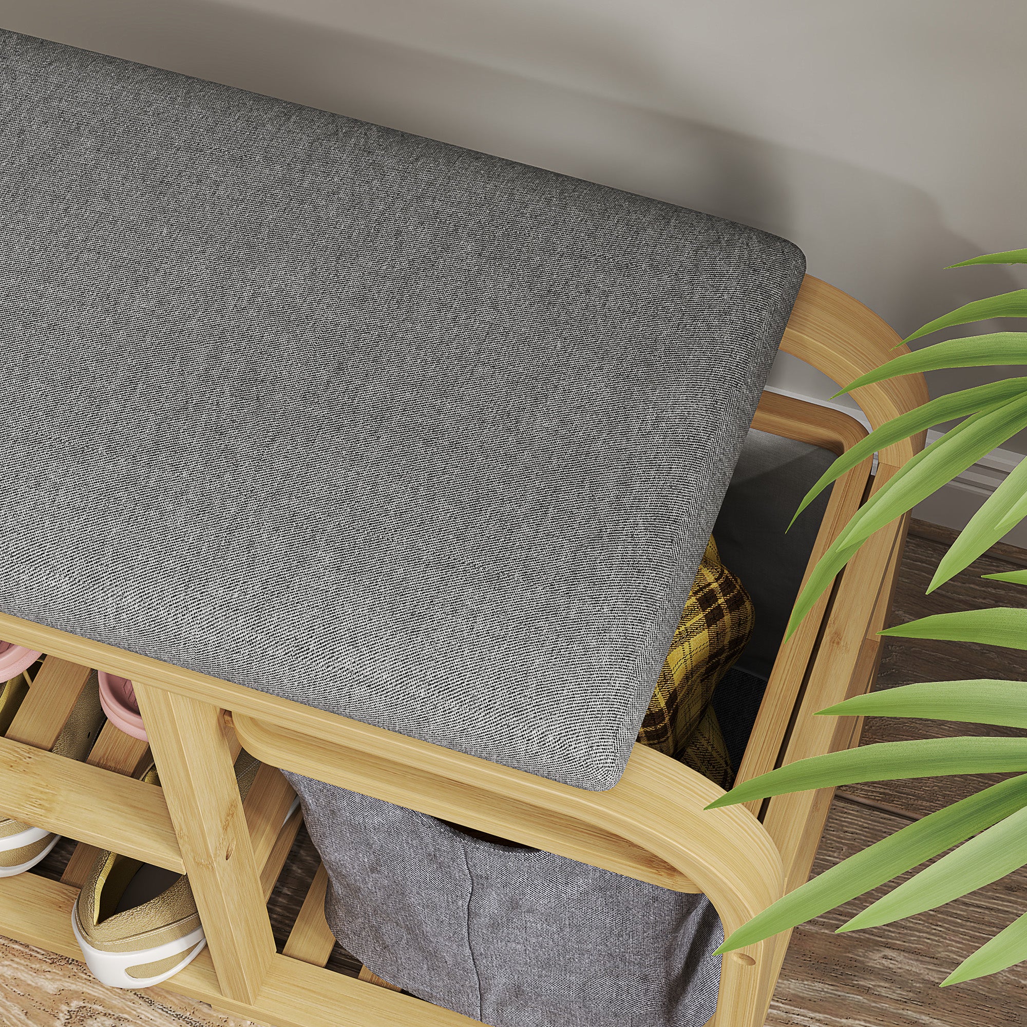 Banc à chaussures en bambou meuble à chaussures avec coussin d'assise, 2 étagères à lattes et panier en tissu coulissant, banc d'entrée pour couloir, chambre, 70x30x45cm, bois naturel