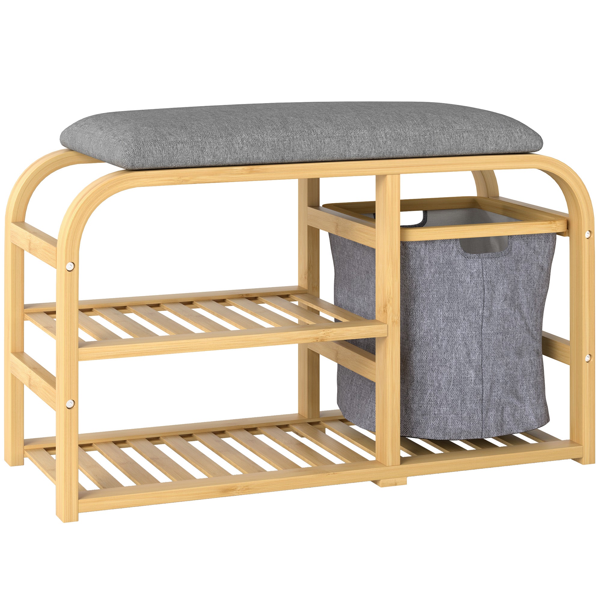 Banc à chaussures en bambou meuble à chaussures avec coussin d'assise, 2 étagères à lattes et panier en tissu coulissant, banc d'entrée pour couloir, chambre, 70x30x45cm, bois naturel