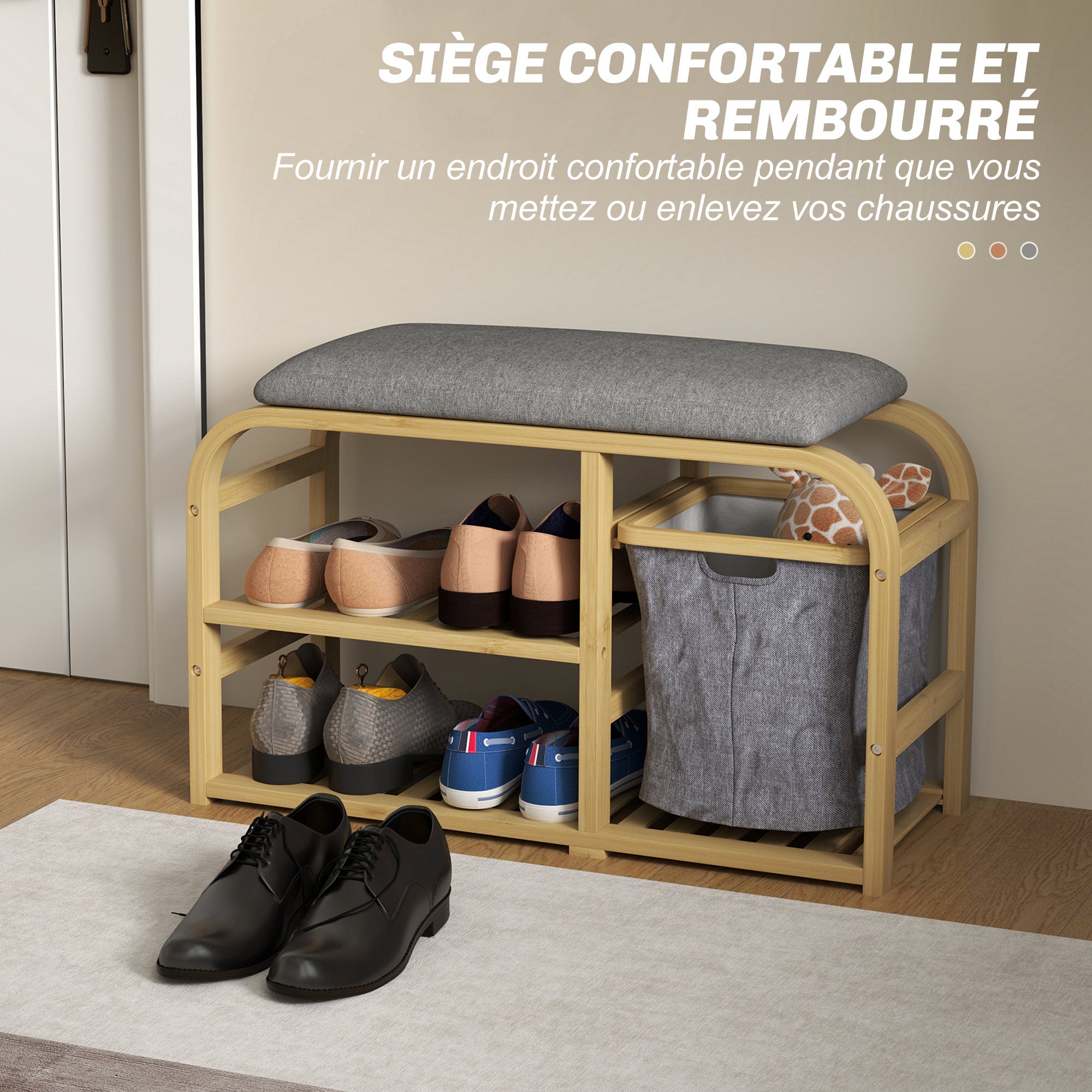 Banc à chaussures en bambou meuble à chaussures avec coussin d'assise, 2 étagères à lattes et panier en tissu coulissant, banc d'entrée pour couloir, chambre, 70x30x45cm, bois naturel