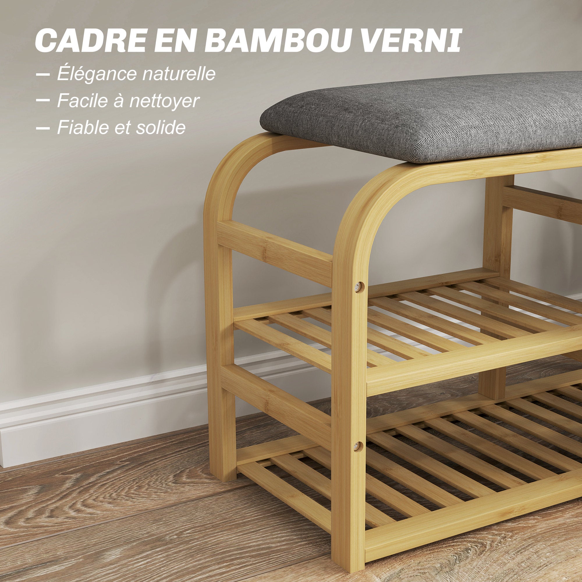 Banc à chaussures en bambou meuble à chaussures avec coussin d'assise, 2 étagères à lattes et panier en tissu coulissant, banc d'entrée pour couloir, chambre, 70x30x45cm, bois naturel