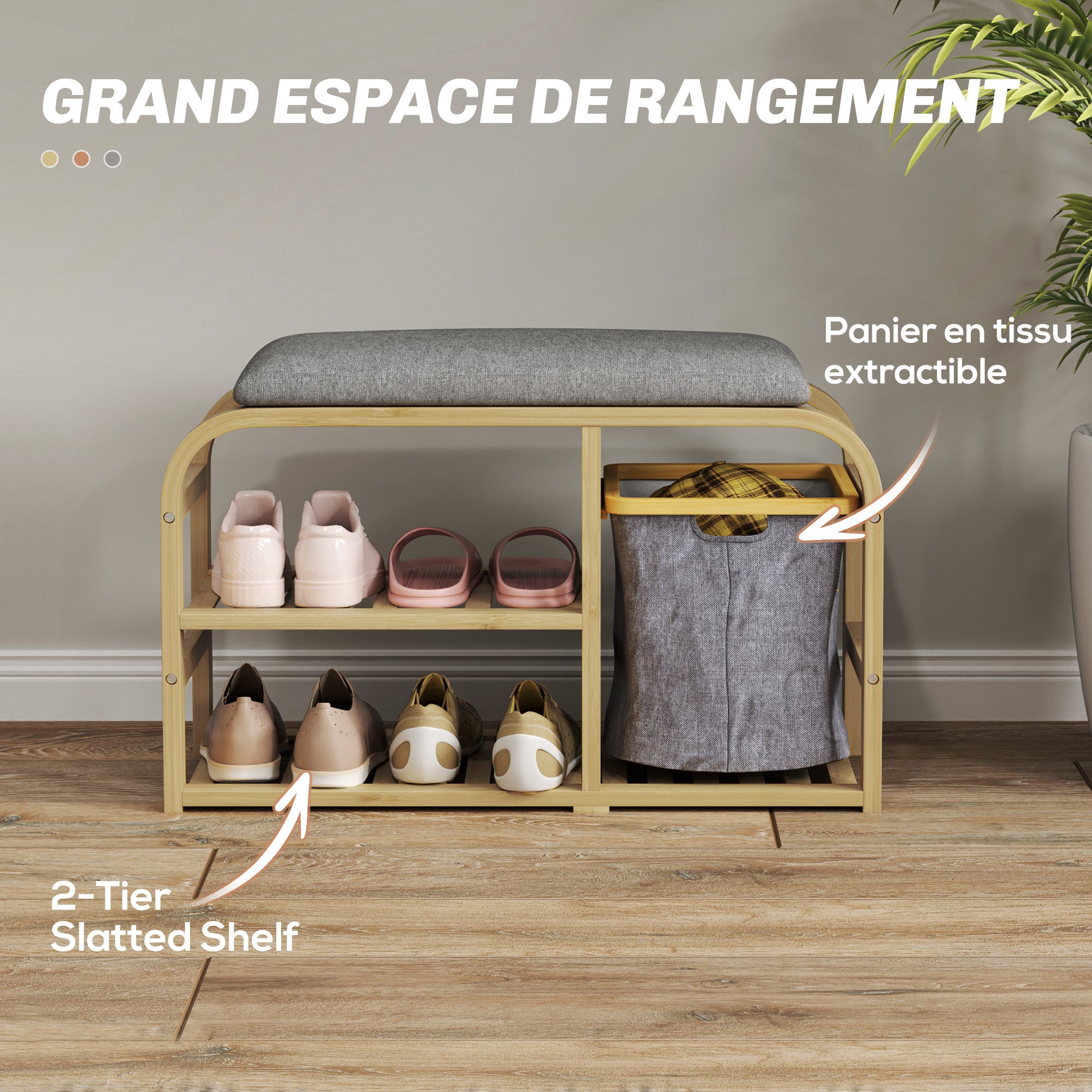 Banc à chaussures en bambou meuble à chaussures avec coussin d'assise, 2 étagères à lattes et panier en tissu coulissant, banc d'entrée pour couloir, chambre, 70x30x45cm, bois naturel