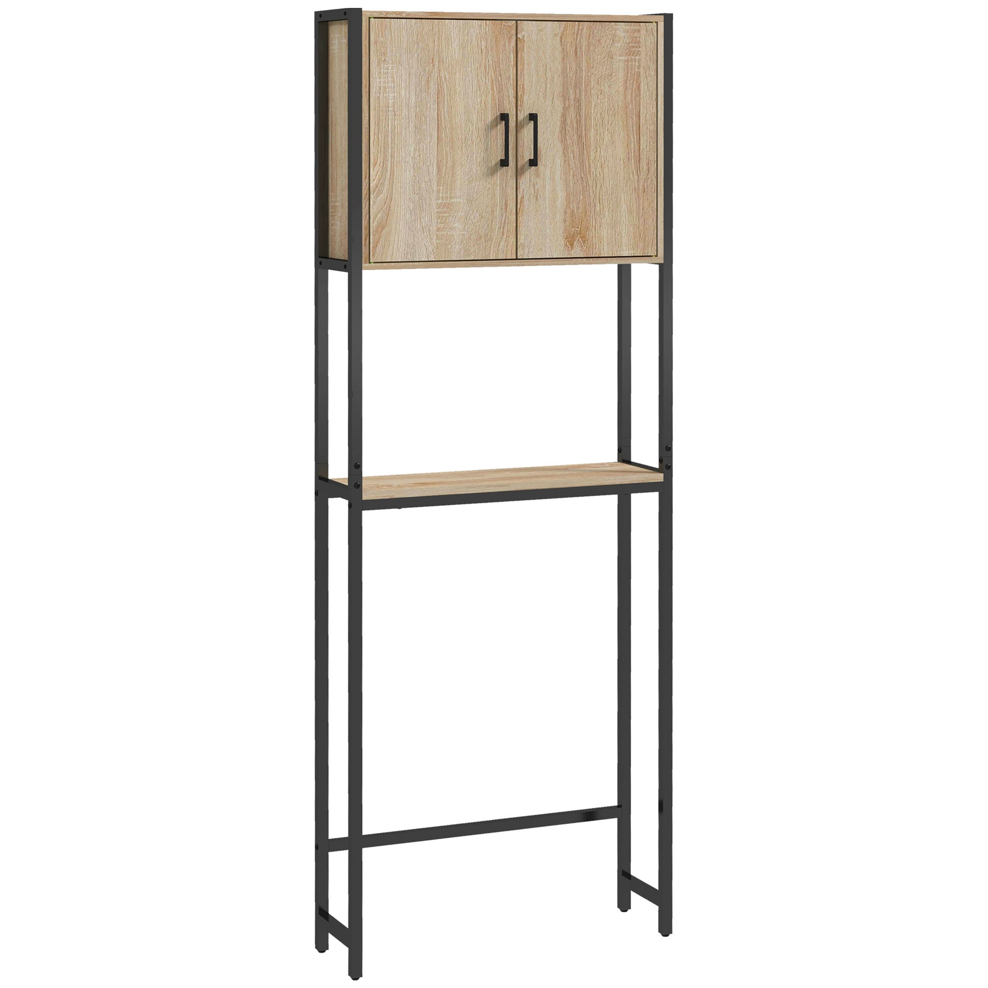 Étagère de toilettes meuble de salle de bain dessus toilette WC avec placard 2 portes et étagère ouverte dim. 64L x 19l x 178H cm chêne et noir