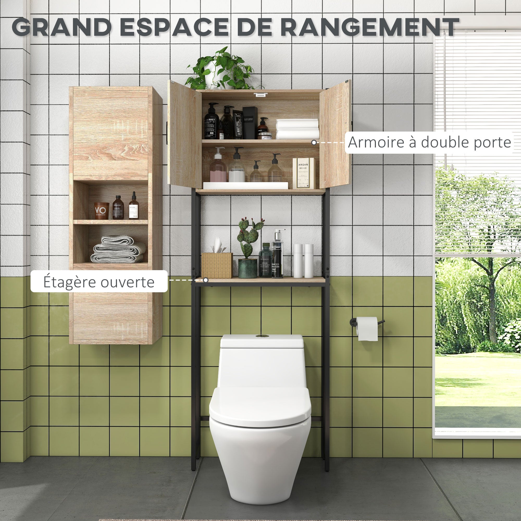 Étagère de toilettes meuble de salle de bain dessus toilette WC avec placard 2 portes et étagère ouverte dim. 64L x 19l x 178H cm chêne et noir