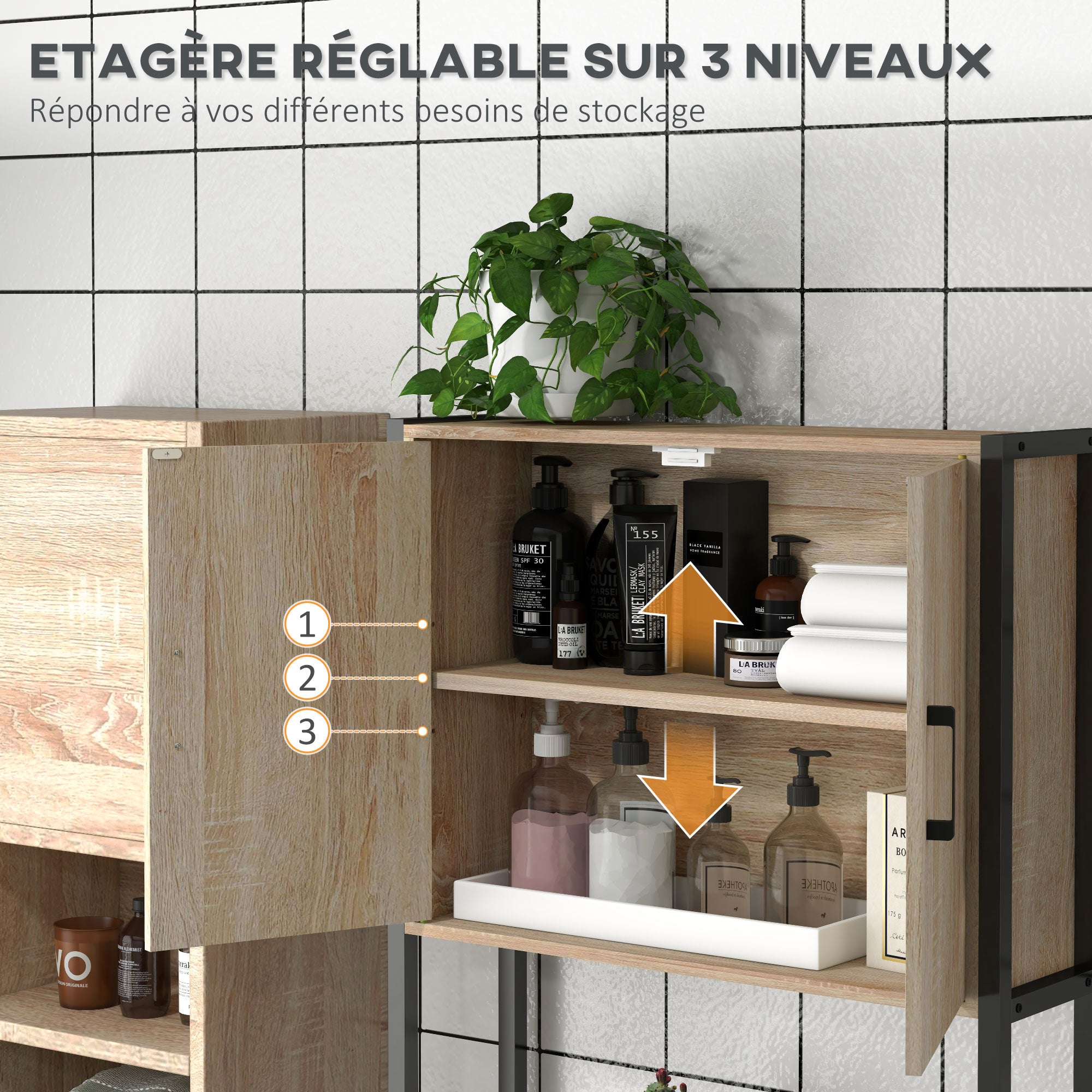 Étagère de toilettes meuble de salle de bain dessus toilette WC avec placard 2 portes et étagère ouverte dim. 64L x 19l x 178H cm chêne et noir