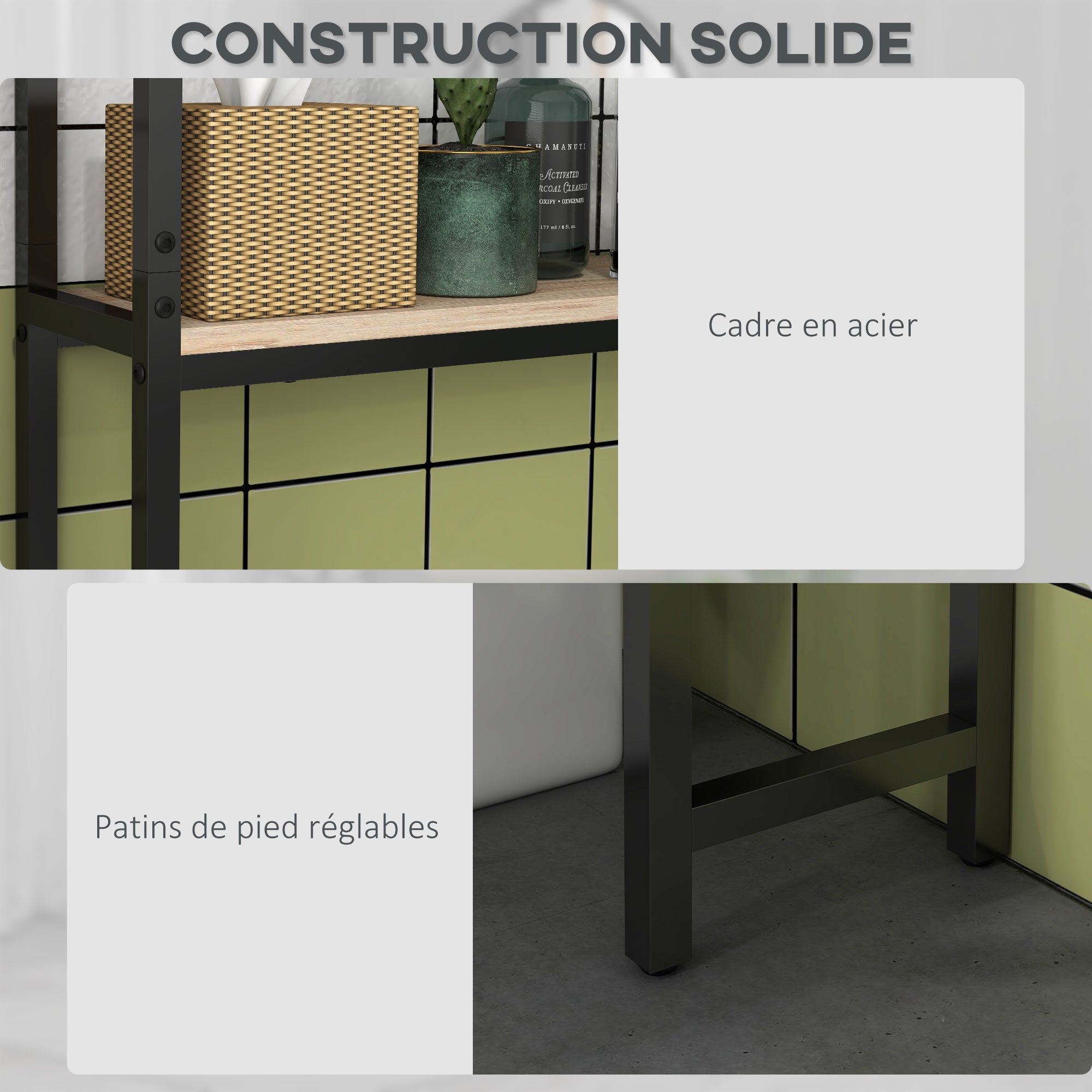 Étagère de toilettes meuble de salle de bain dessus toilette WC avec placard 2 portes et étagère ouverte dim. 64L x 19l x 178H cm chêne et noir