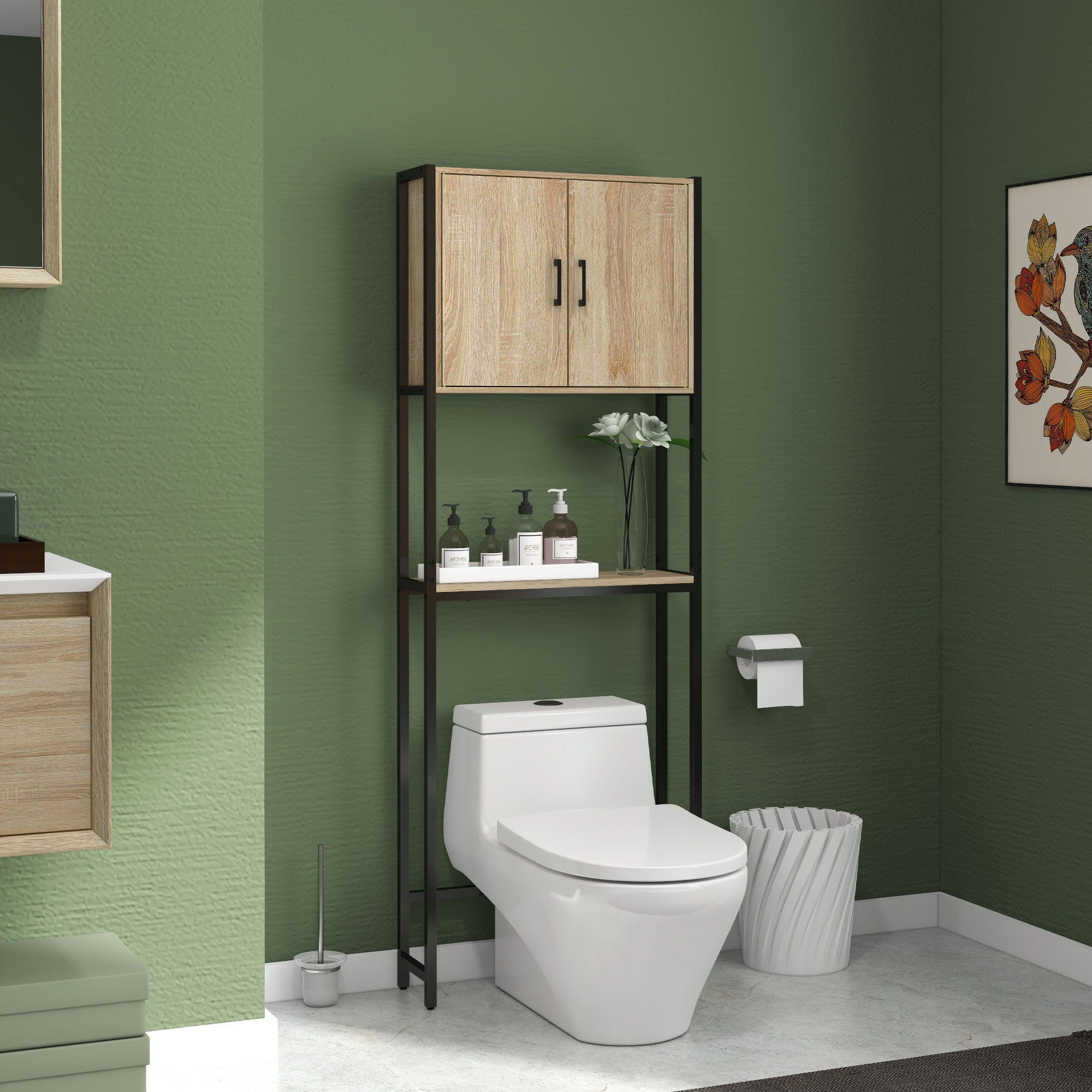 Étagère de toilettes meuble de salle de bain dessus toilette WC avec placard 2 portes et étagère ouverte dim. 64L x 19l x 178H cm chêne et noir
