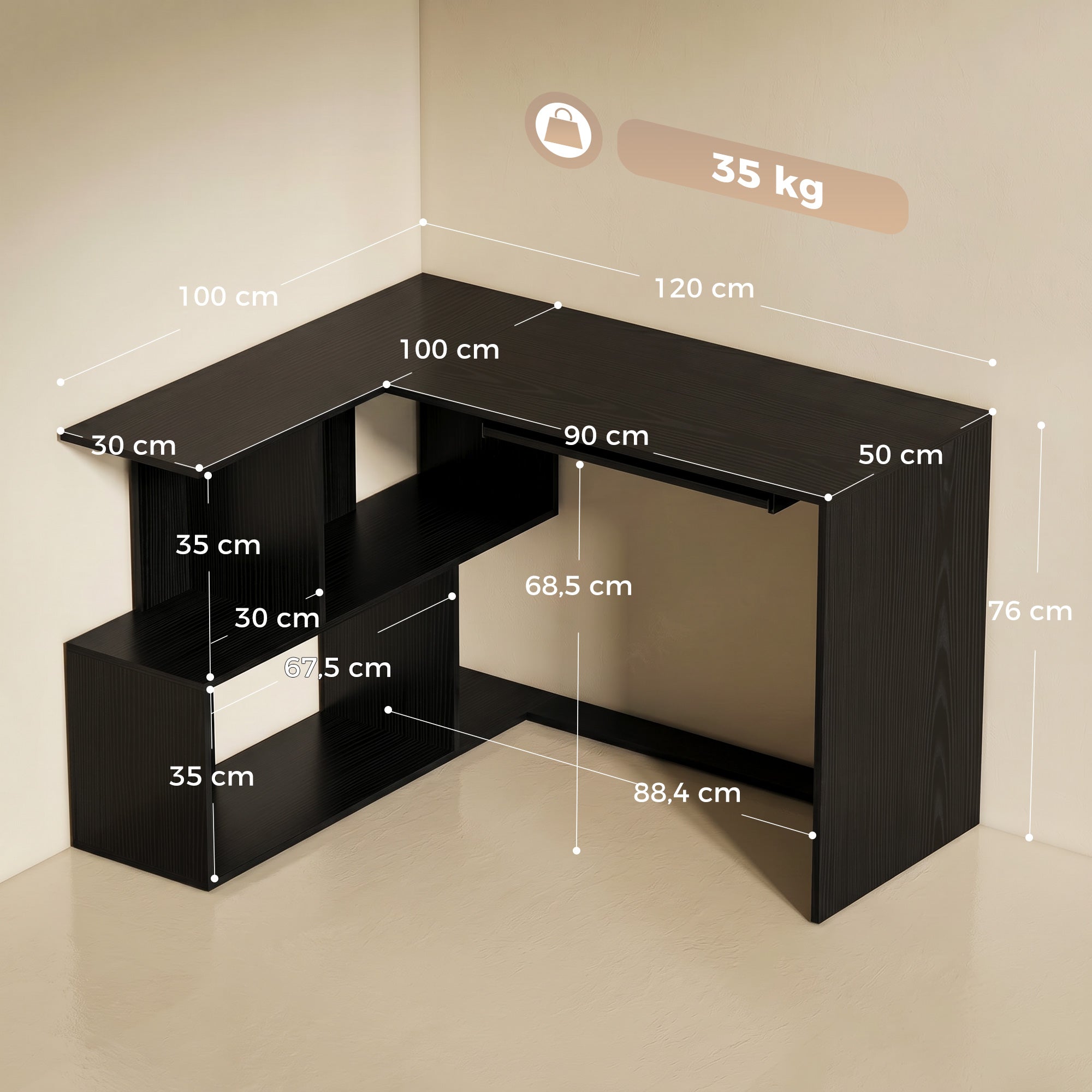 Bureau d'Angle, 120 x 100 x 76 cm, Bureau Informatique en L avec Plateau de Clavier, 4 Compartiments Ouverts, Style Moderne, Table de Travail pour Domicile, Chambre, Petit Espace, Noir