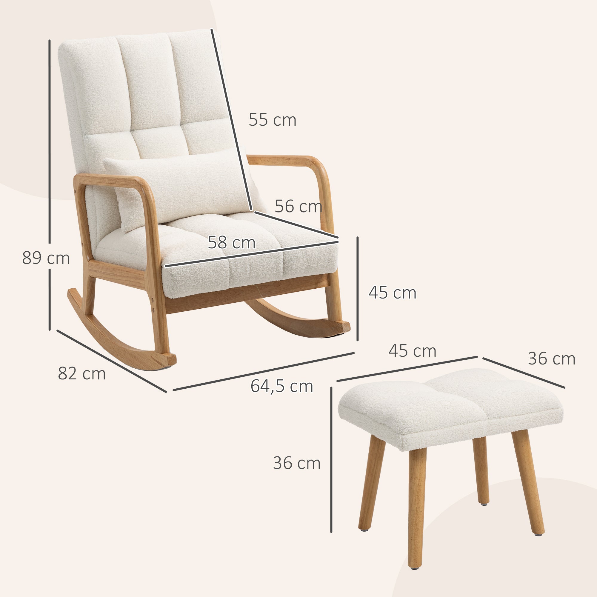 Fauteuil à bascule avec repose-pieds, rocking chair, fauteuil allaitement en tissu bouclette, assise large, pieds en bois, coussin inclus, chaise à bascule pour salon, chambre, balcon, blanc