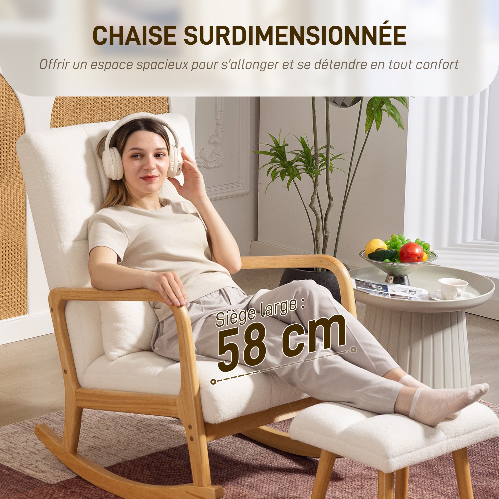 Fauteuil à bascule avec repose-pieds, rocking chair, fauteuil allaitement en tissu bouclette, assise large, pieds en bois, coussin inclus, chaise à bascule pour salon, chambre, balcon, blanc