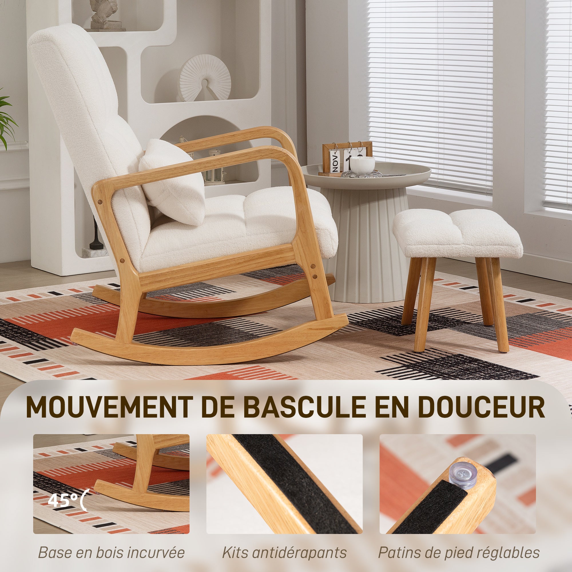 Fauteuil à bascule avec repose-pieds, rocking chair, fauteuil allaitement en tissu bouclette, assise large, pieds en bois, coussin inclus, chaise à bascule pour salon, chambre, balcon, blanc