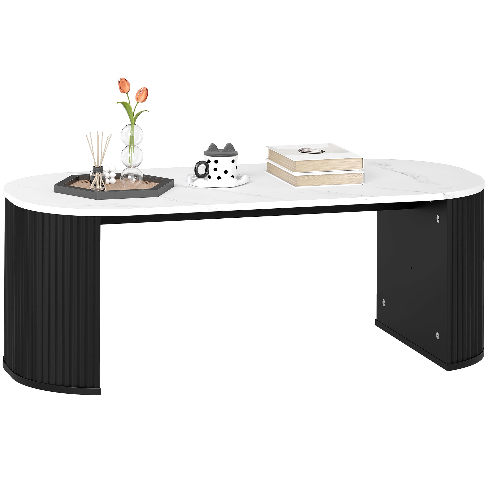 Table basse ovale, table d'appoint aspect effet marbre, avec coins arrondis et pieds épais, pour salon bureau chambre, 110 x 50 x 40 cm, noir