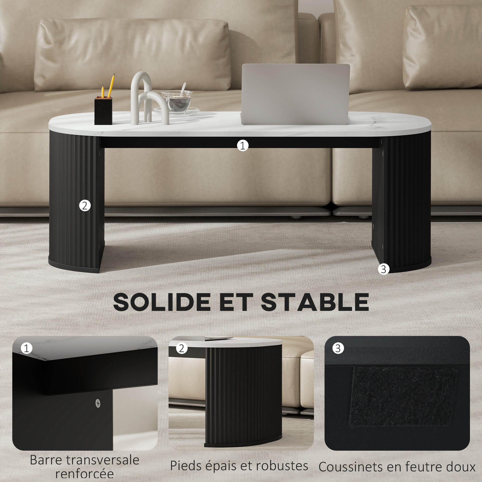 Table basse ovale, table d'appoint aspect effet marbre, avec coins arrondis et pieds épais, pour salon bureau chambre, 110 x 50 x 40 cm, noir