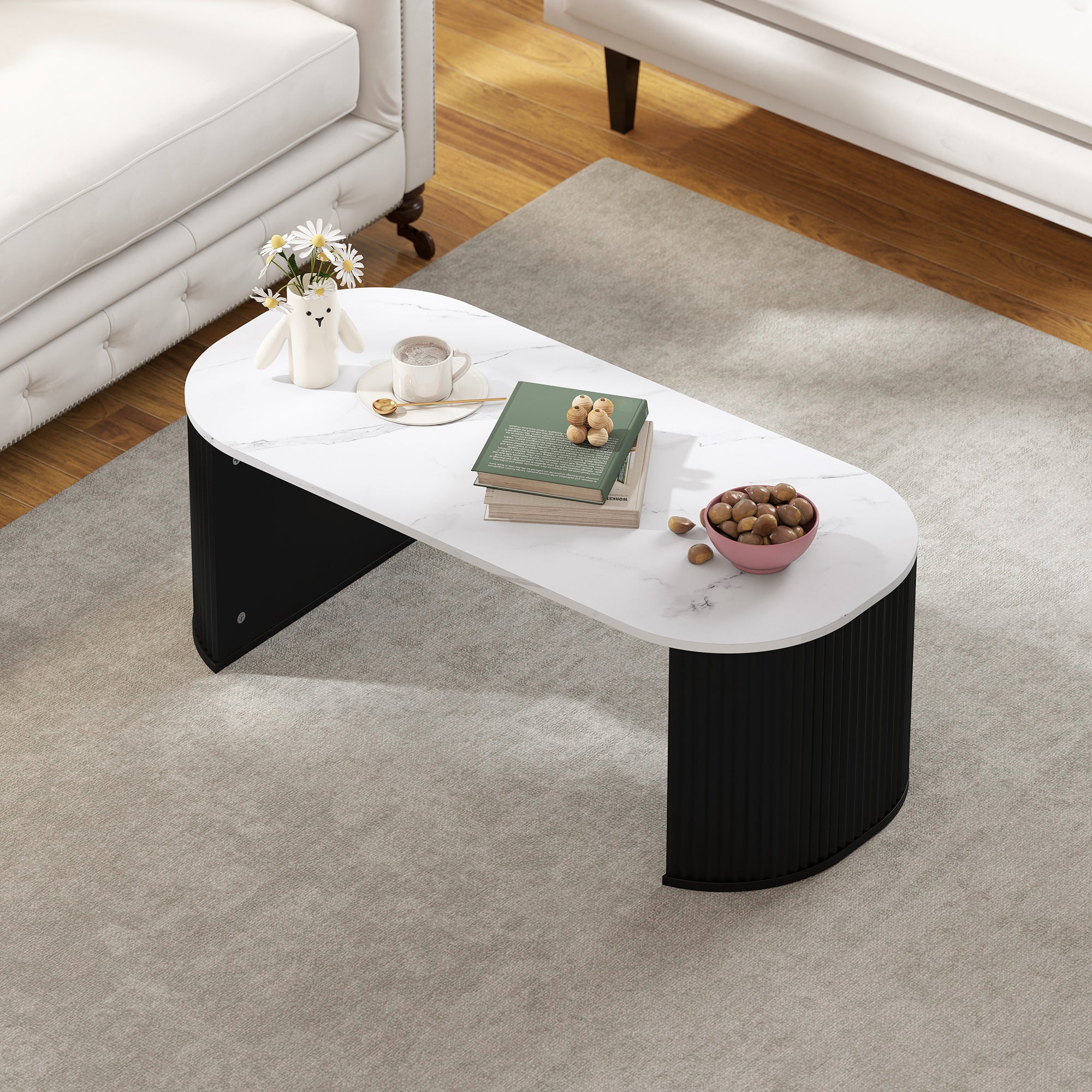 Table basse ovale, table d'appoint aspect effet marbre, avec coins arrondis et pieds épais, pour salon bureau chambre, 110 x 50 x 40 cm, noir