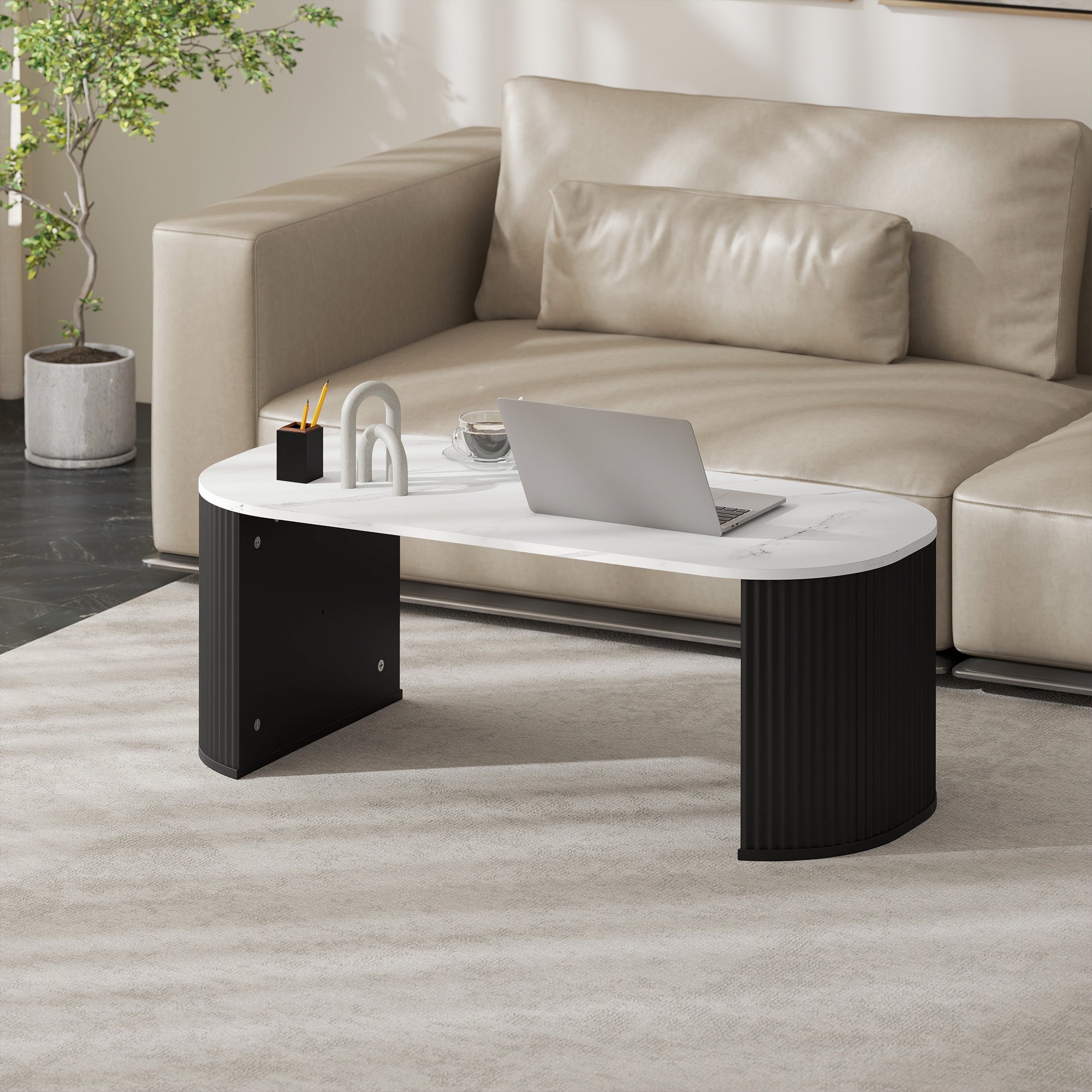 Table basse ovale, table d'appoint aspect effet marbre, avec coins arrondis et pieds épais, pour salon bureau chambre, 110 x 50 x 40 cm, noir