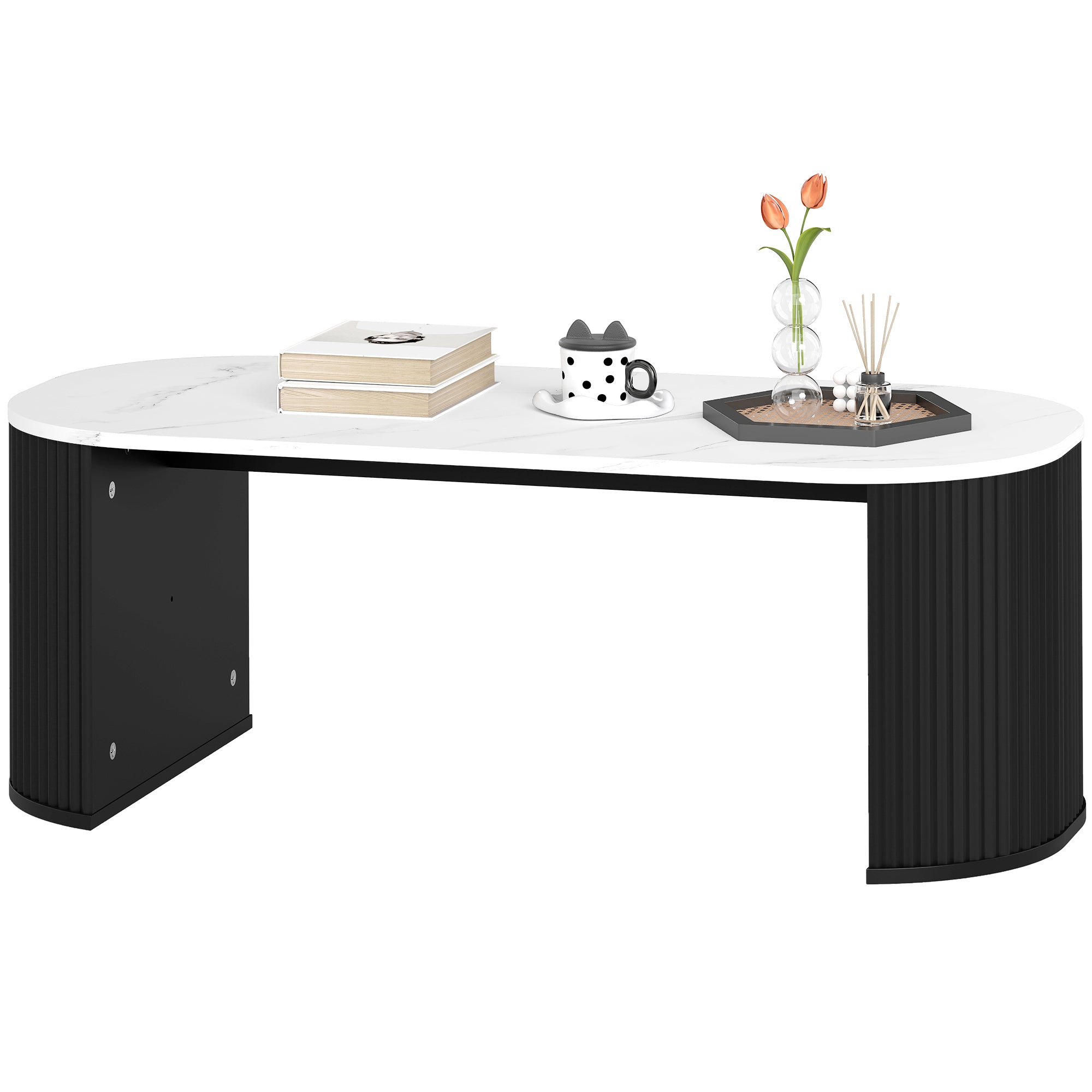Table basse ovale, table d'appoint aspect effet marbre, avec coins arrondis et pieds épais, pour salon bureau chambre, 110 x 50 x 40 cm, noir