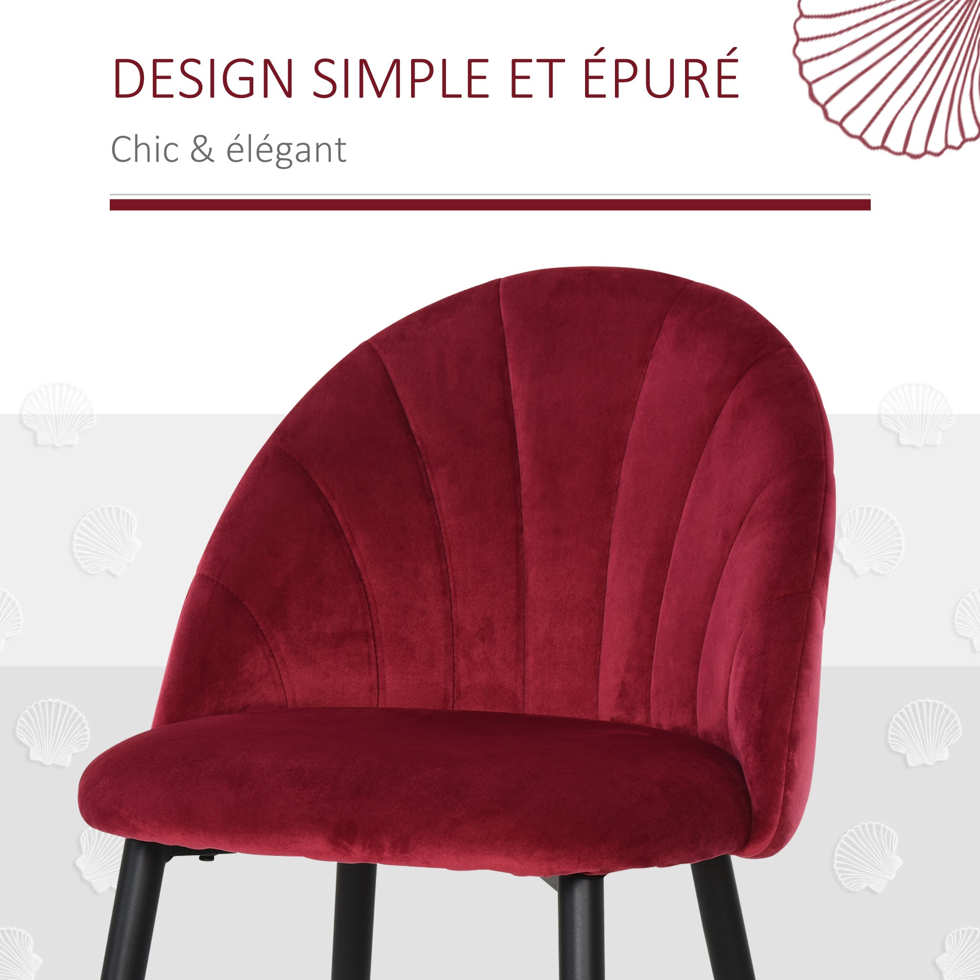 Lot de 2 chaises de salle à manger chaise de cuisine Velours Bordeaux Pieds métal Noir dim. 52L x 54l x 79H cm