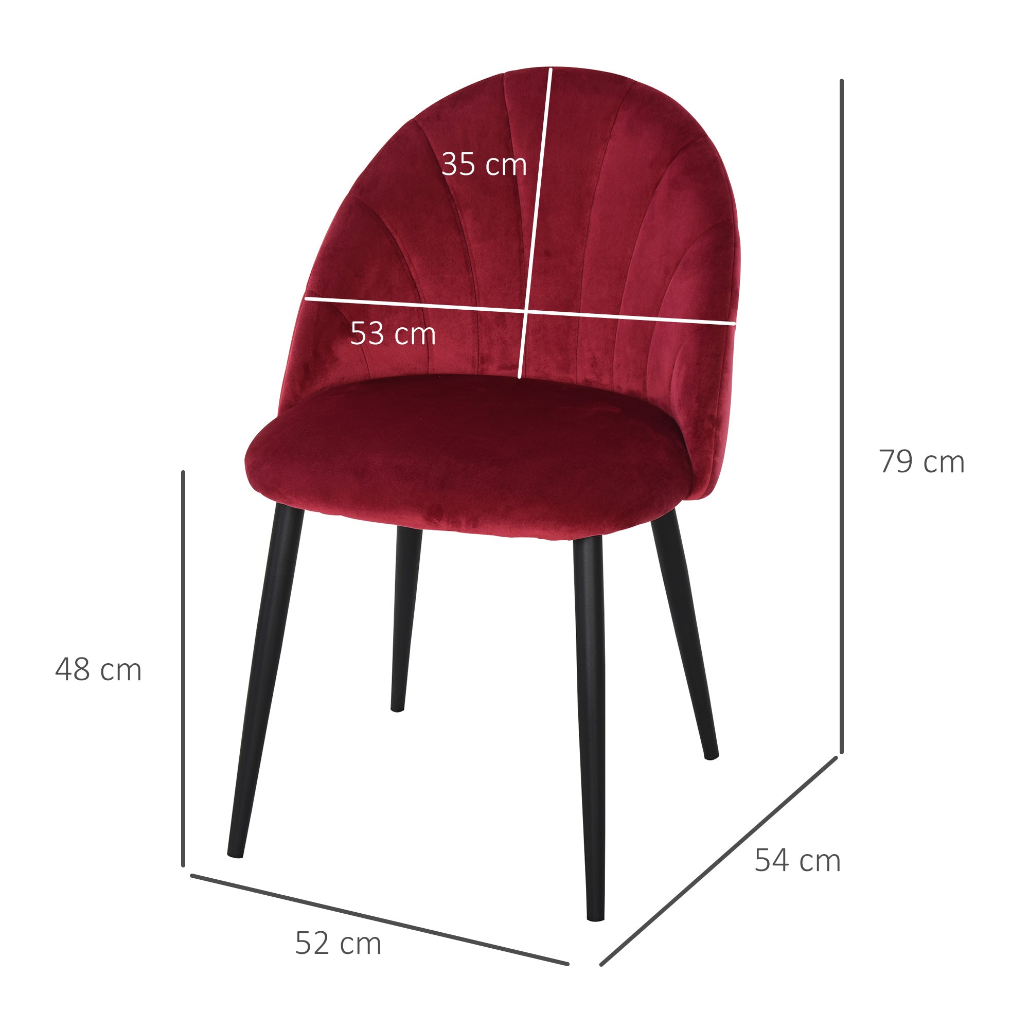 Lot de 2 chaises de salle à manger chaise de cuisine Velours Bordeaux Pieds métal Noir dim. 52L x 54l x 79H cm