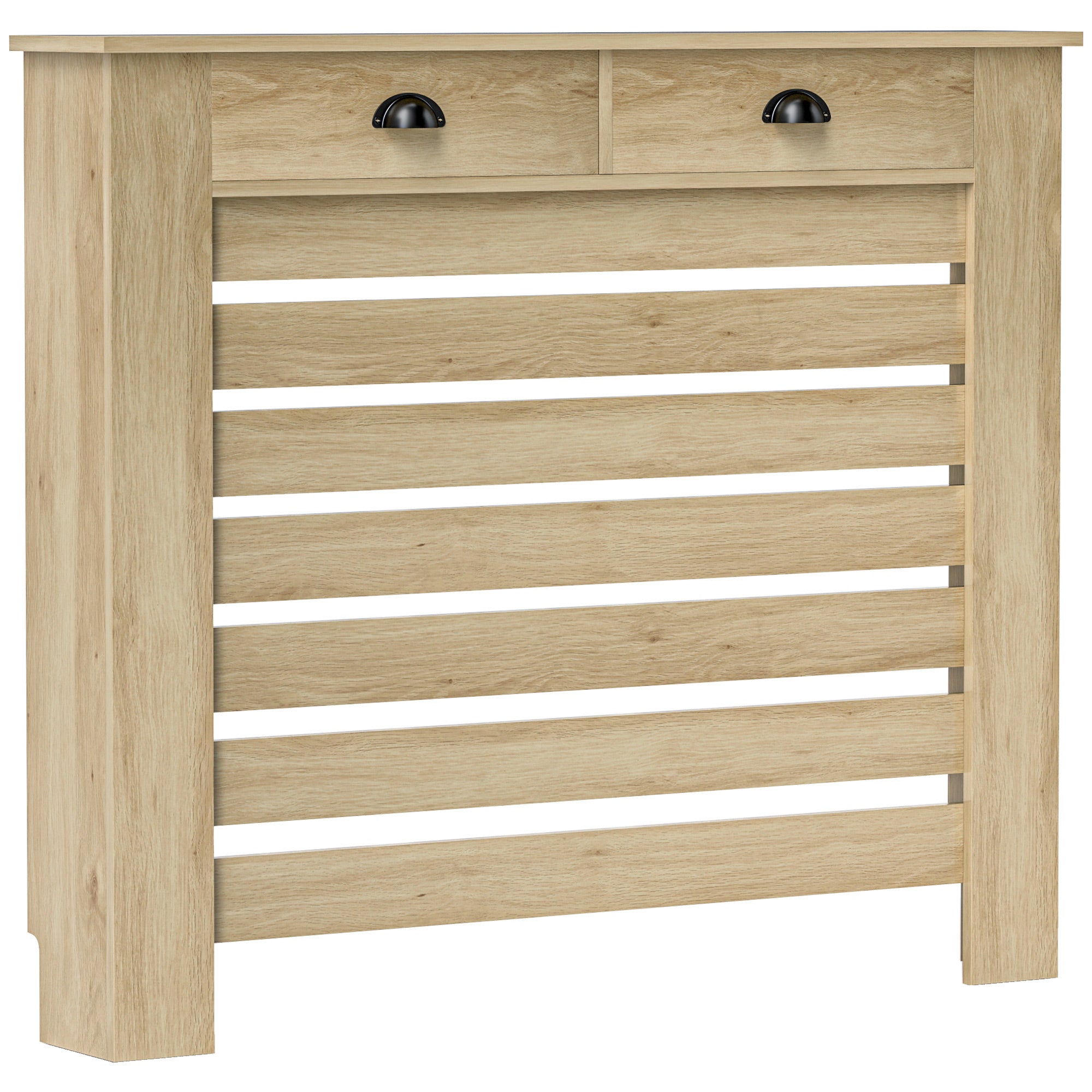 Couvercle de radiateur, cache radiateur, grille à lattes horizontales, avec 2 tiroirs, pour salon, chambre à coucher, couloir, en bois, 111 x 19 x 95,5 cm, chêne