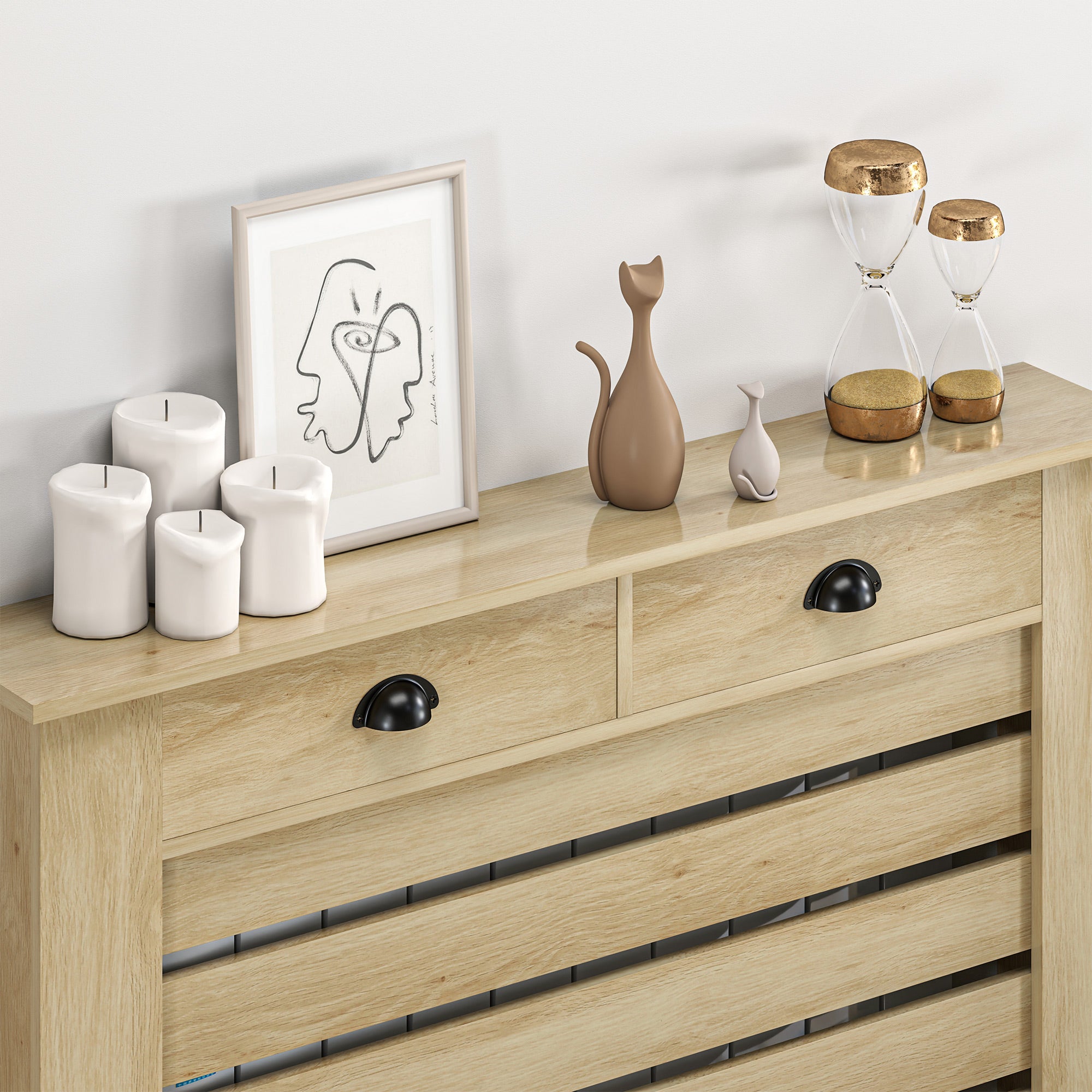 Couvercle de radiateur, cache radiateur, grille à lattes horizontales, avec 2 tiroirs, pour salon, chambre à coucher, couloir, en bois, 111 x 19 x 95,5 cm, chêne