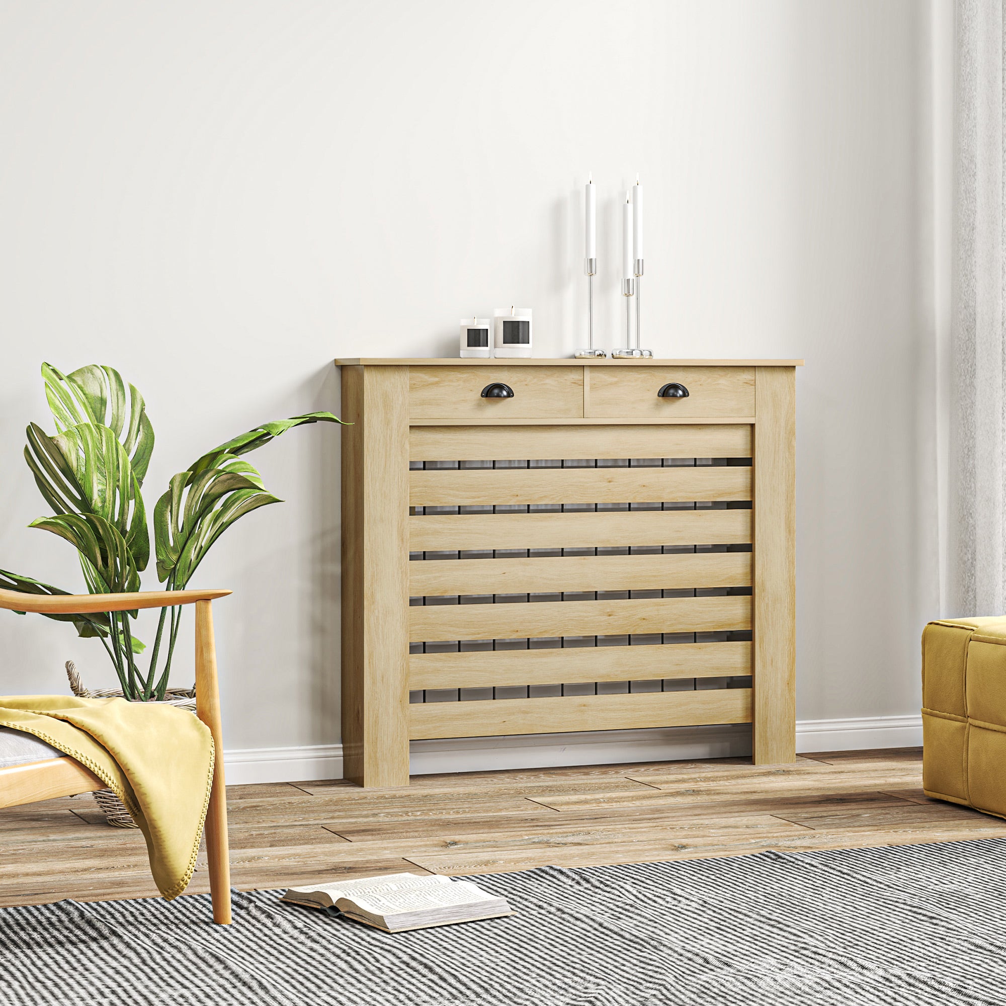 Couvercle de radiateur, cache radiateur, grille à lattes horizontales, avec 2 tiroirs, pour salon, chambre à coucher, couloir, en bois, 111 x 19 x 95,5 cm, chêne
