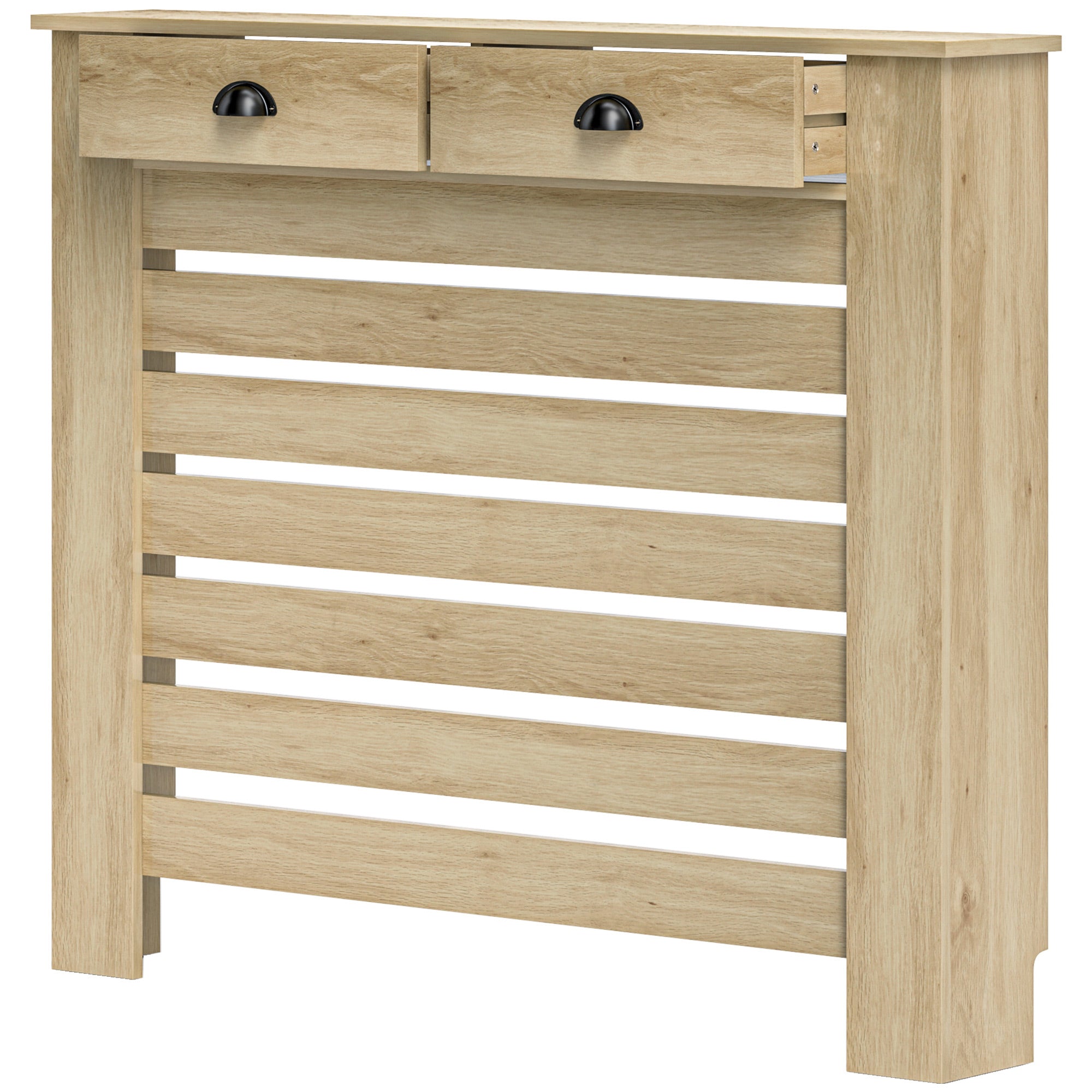 Couvercle de radiateur, cache radiateur, grille à lattes horizontales, avec 2 tiroirs, pour salon, chambre à coucher, couloir, en bois, 111 x 19 x 95,5 cm, chêne