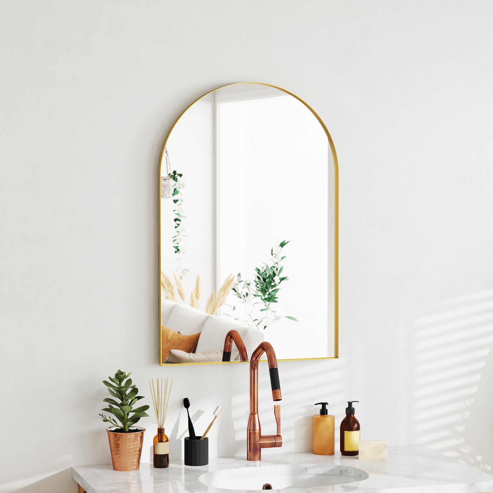 Miroir mural arqué, miroir de salle de bain, 60 x 90 cm, haute définition, avec cadre en alliage d'aluminium, pour chambre, salon, entrée, or