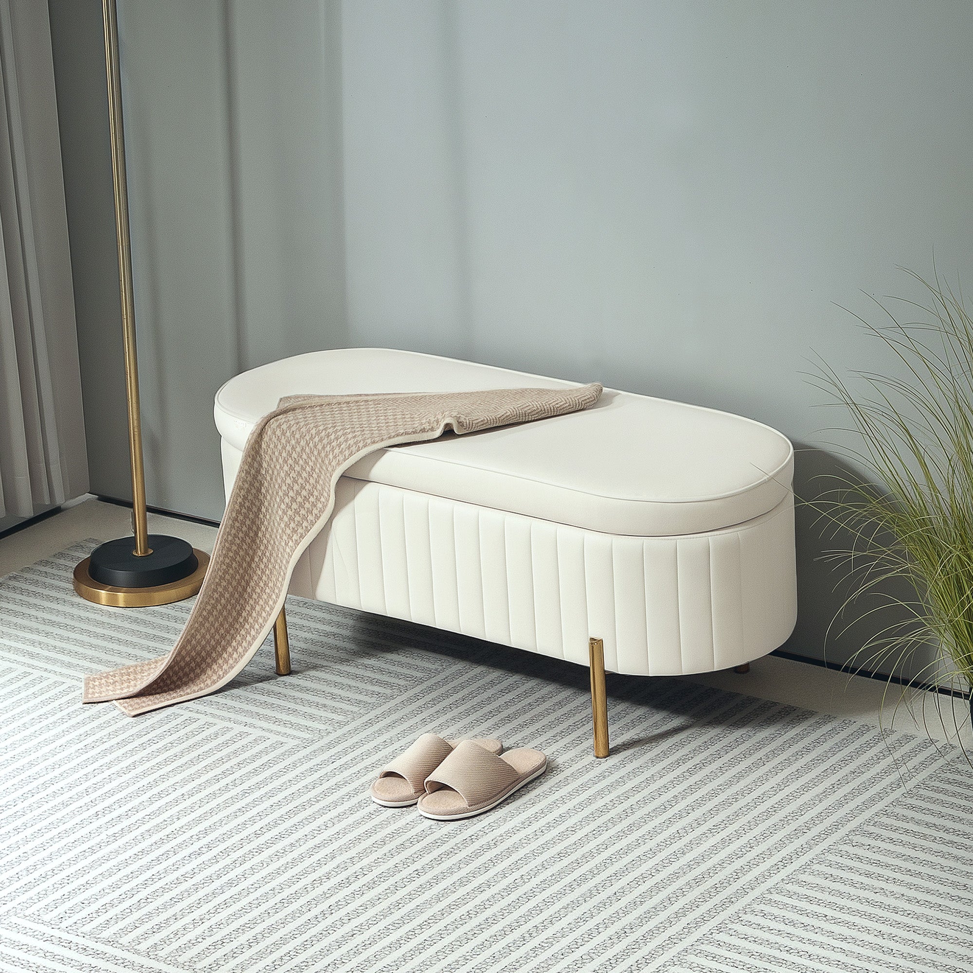 Banc de rangement, bout de lit en velours, coffre de rangement avec couvercle, pieds en métal, capacité 72 L, jusqu'à 220 kg, banquette pour salon, chambre, entrée, 108x44x43,5cm, crème