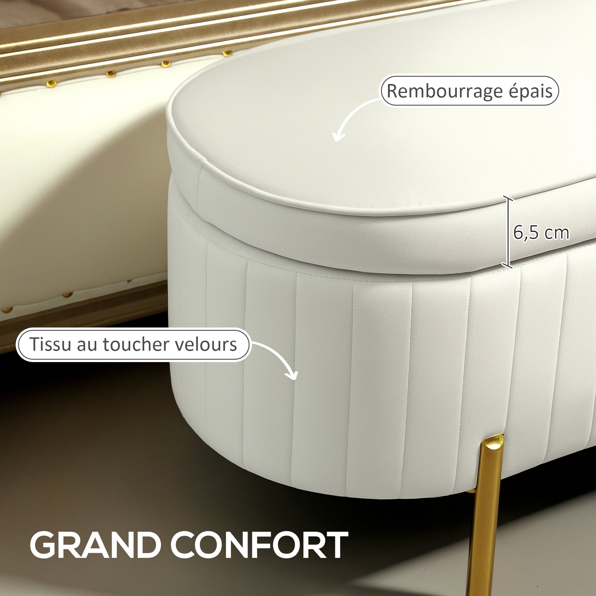 Banc de rangement, bout de lit en velours, coffre de rangement avec couvercle, pieds en métal, capacité 72 L, jusqu'à 220 kg, banquette pour salon, chambre, entrée, 108x44x43,5cm, crème