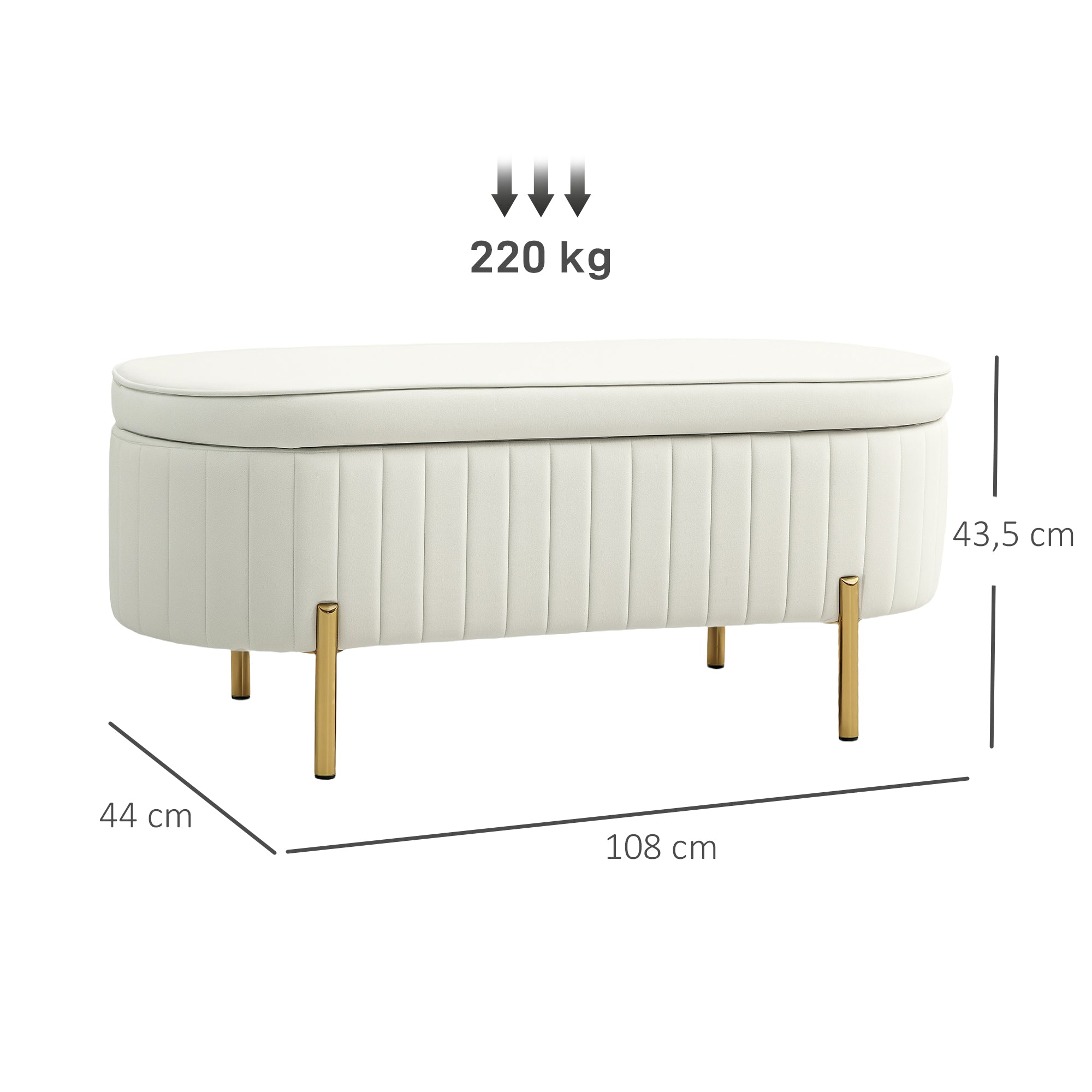 Banc de rangement, bout de lit en velours, coffre de rangement avec couvercle, pieds en métal, capacité 72 L, jusqu'à 220 kg, banquette pour salon, chambre, entrée, 108x44x43,5cm, crème