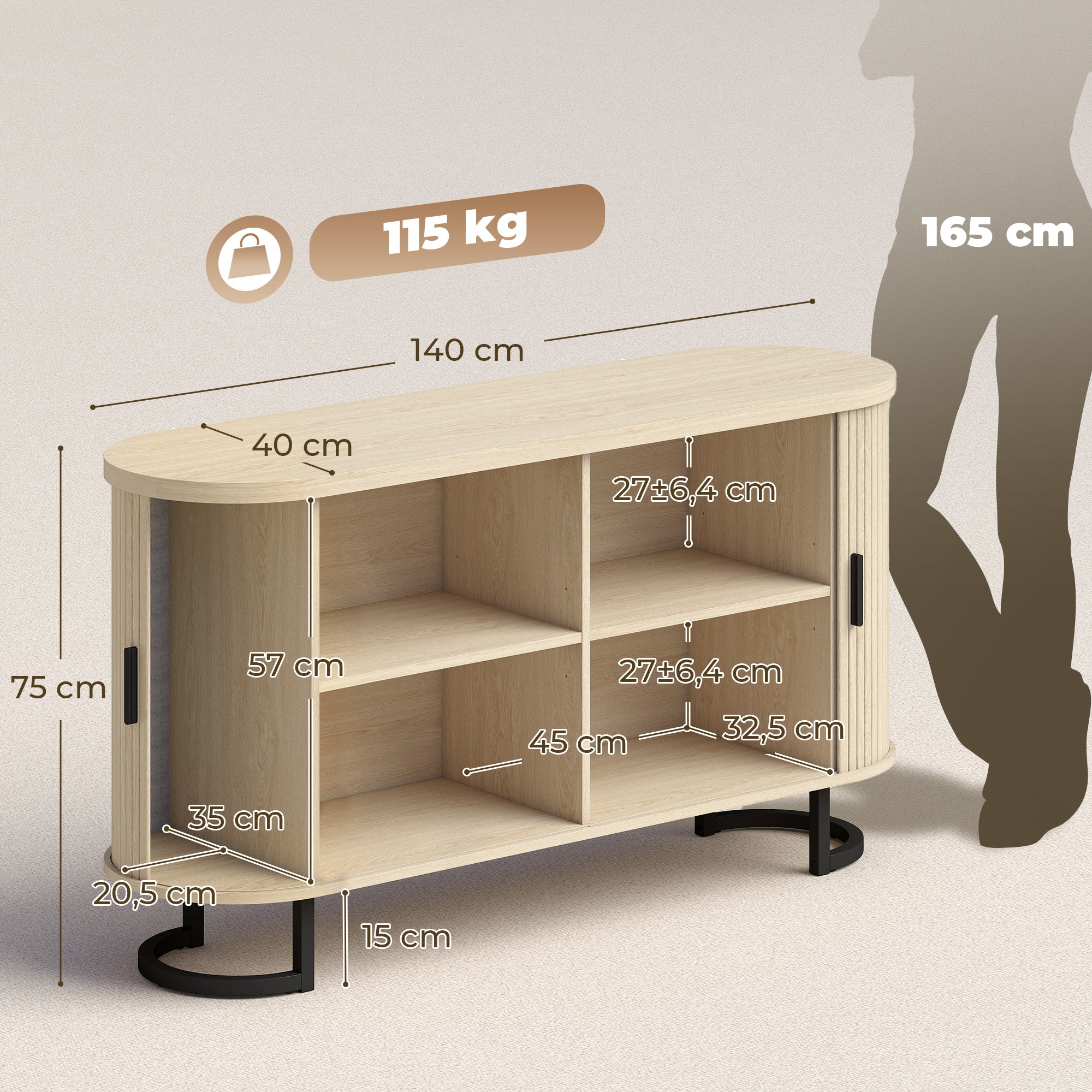 Buffet salon, meuble de rangement ovale avec 2 portes coulissantes et étagères réglables, meuble TV jusqu'à 60 pouces, style moderne, buffet salle à manger et cuisine, 140x40x75cm, bois naturel