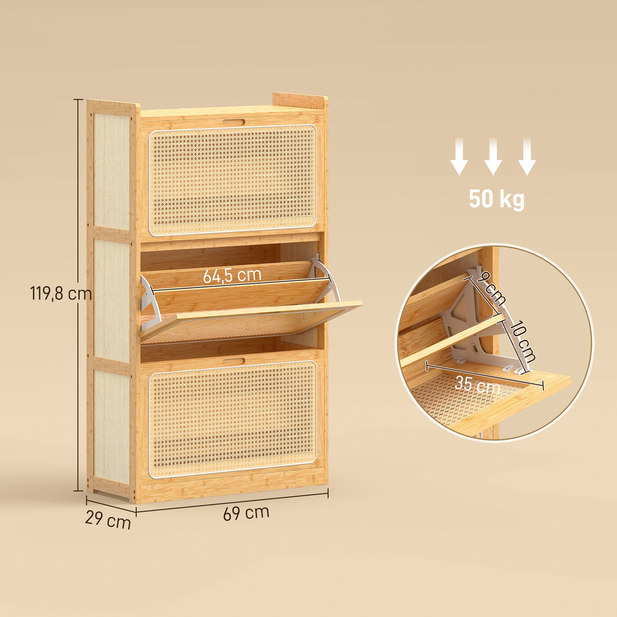 Meuble à chaussures 21 paires en bambou, armoire à chaussures étroite avec 3 tiroirs rabattables et étagères réglables, style bohème, pour couloir, entrée, 69 x 29 x 119,8 cm, bois naturel