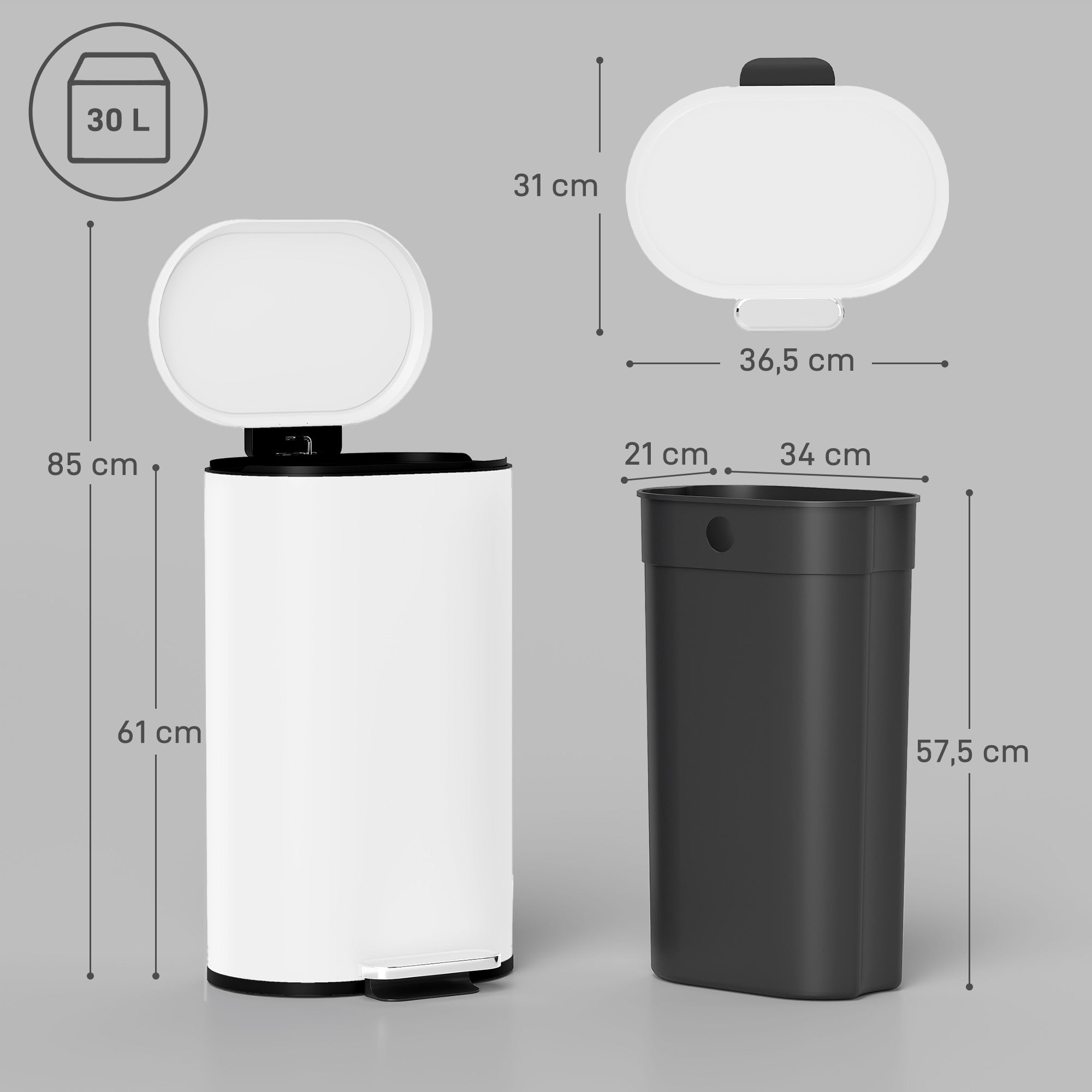 Poubelle cuisine 30L, poubelle à pédale rectangulaire avec seau intérieur amovible, couvercle à fermeture douce 90° et maintien en ouverture, anti-traces, pour bureau et maison, blanc