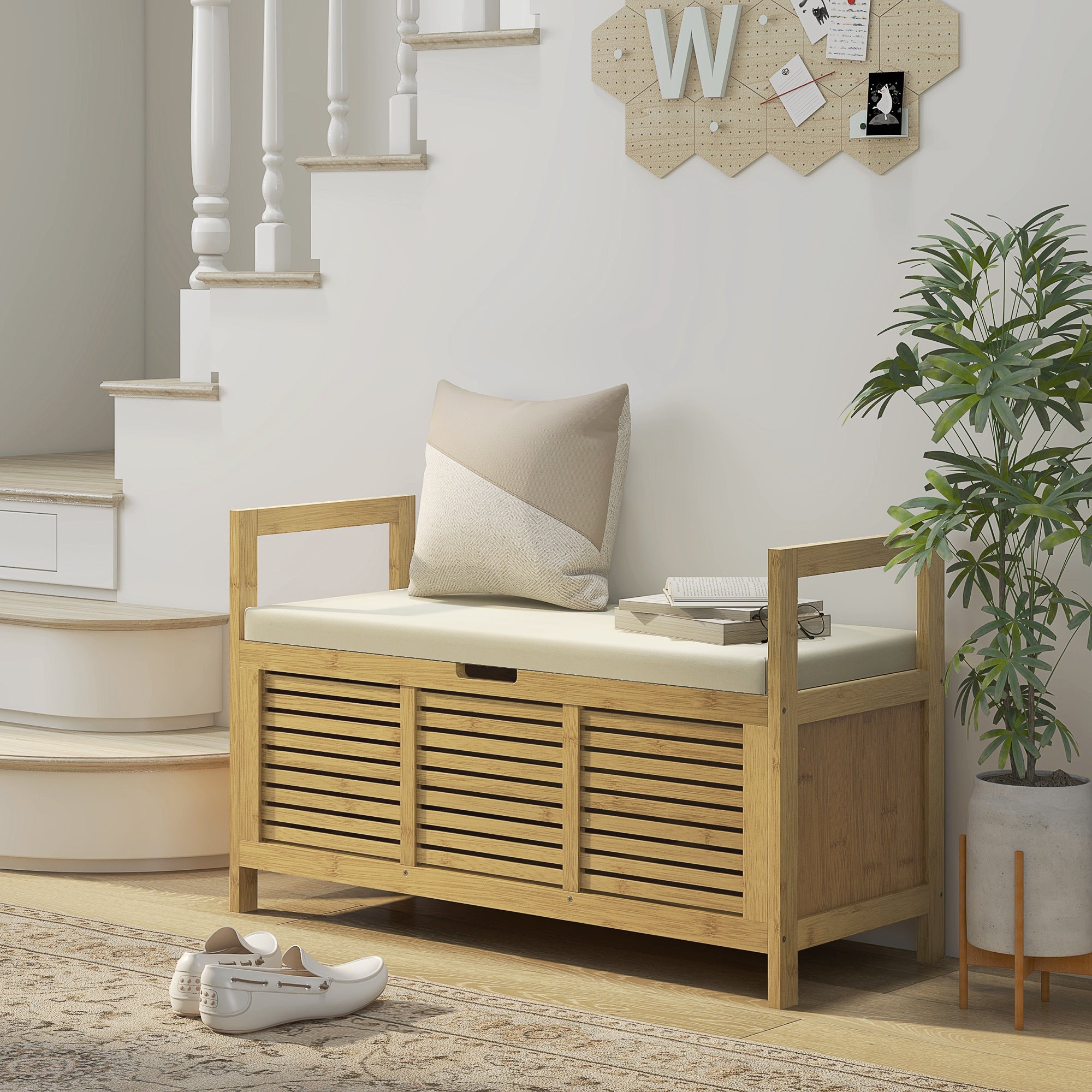 Banc de rangement Banc à Chaussures avec coussin d'assise, coffre de rangement caché sous l'assise, avec accoudoir, bambou, pour salon, entrée, chambre, 100 x 40 x 60 cm, naturel