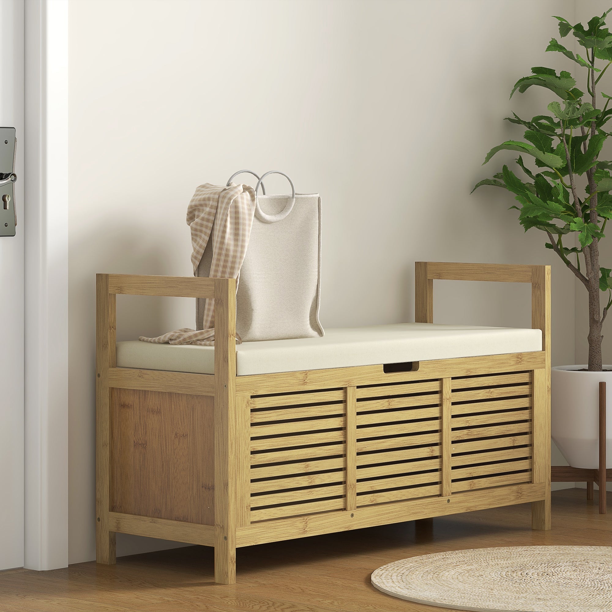 Banc de rangement Banc à Chaussures avec coussin d'assise, coffre de rangement caché sous l'assise, avec accoudoir, bambou, pour salon, entrée, chambre, 100 x 40 x 60 cm, naturel