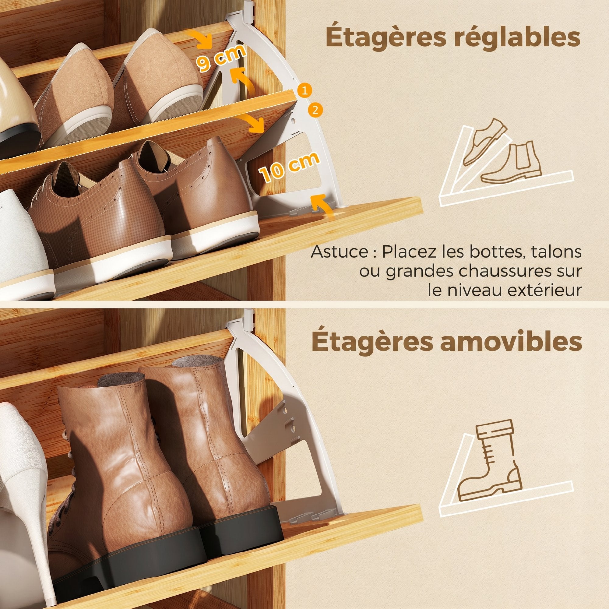 Meuble à chaussures 21 paires en bambou, armoire à chaussures étroite avec 3 tiroirs rabattables et étagères réglables, style bohème, pour couloir, entrée, 69 x 29 x 119,8 cm, bois naturel