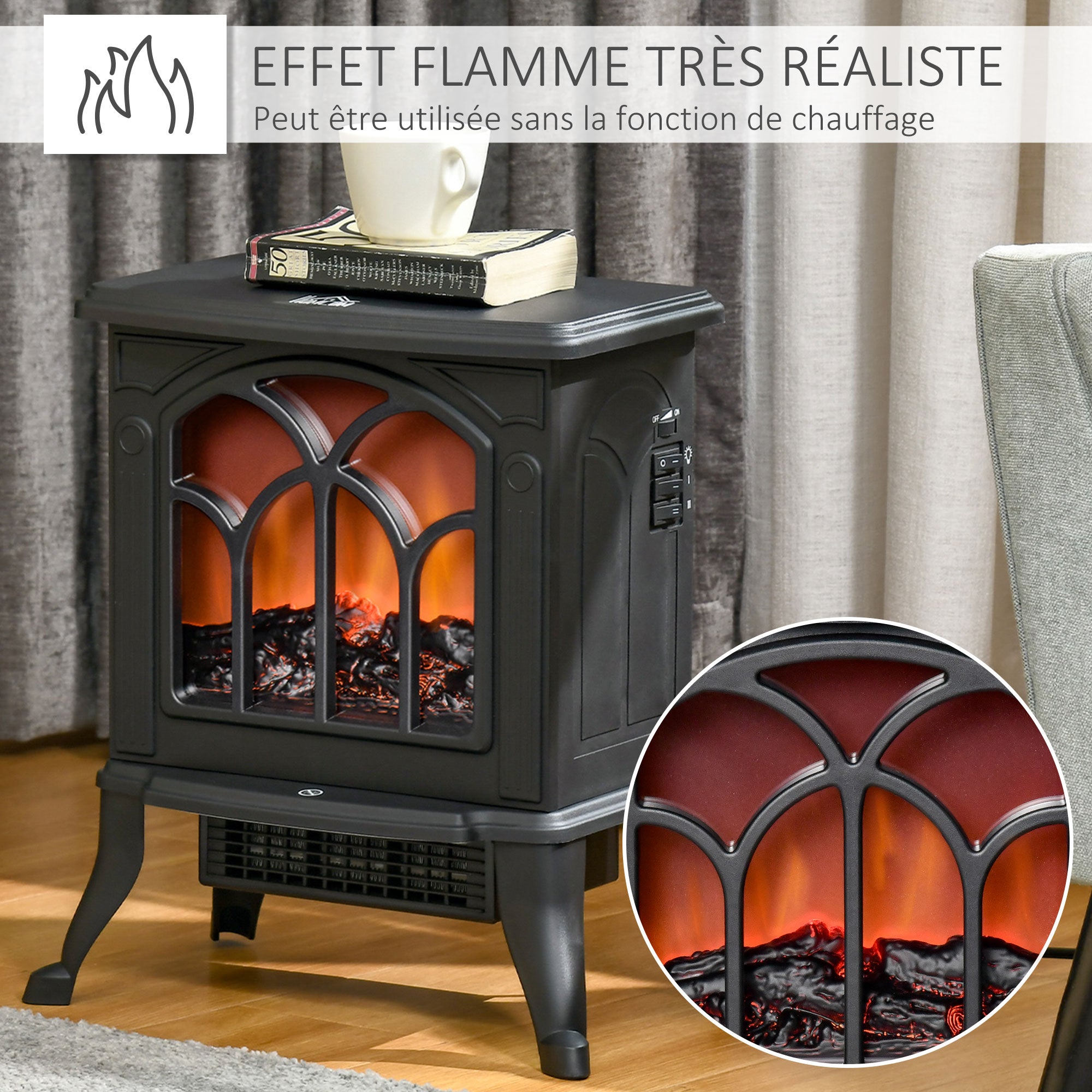 Cheminée électrique sur pied 750/1500 W, fausse cheminée décorative avec effet flamme LED, protection contre la surchauffe, zone de couverture 15-20 m², noir