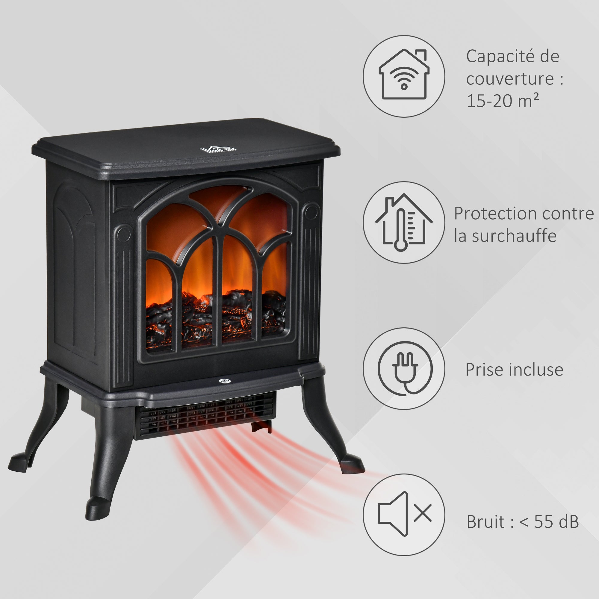 Cheminée électrique sur pied 750/1500 W, fausse cheminée décorative avec effet flamme LED, protection contre la surchauffe, zone de couverture 15-20 m², noir