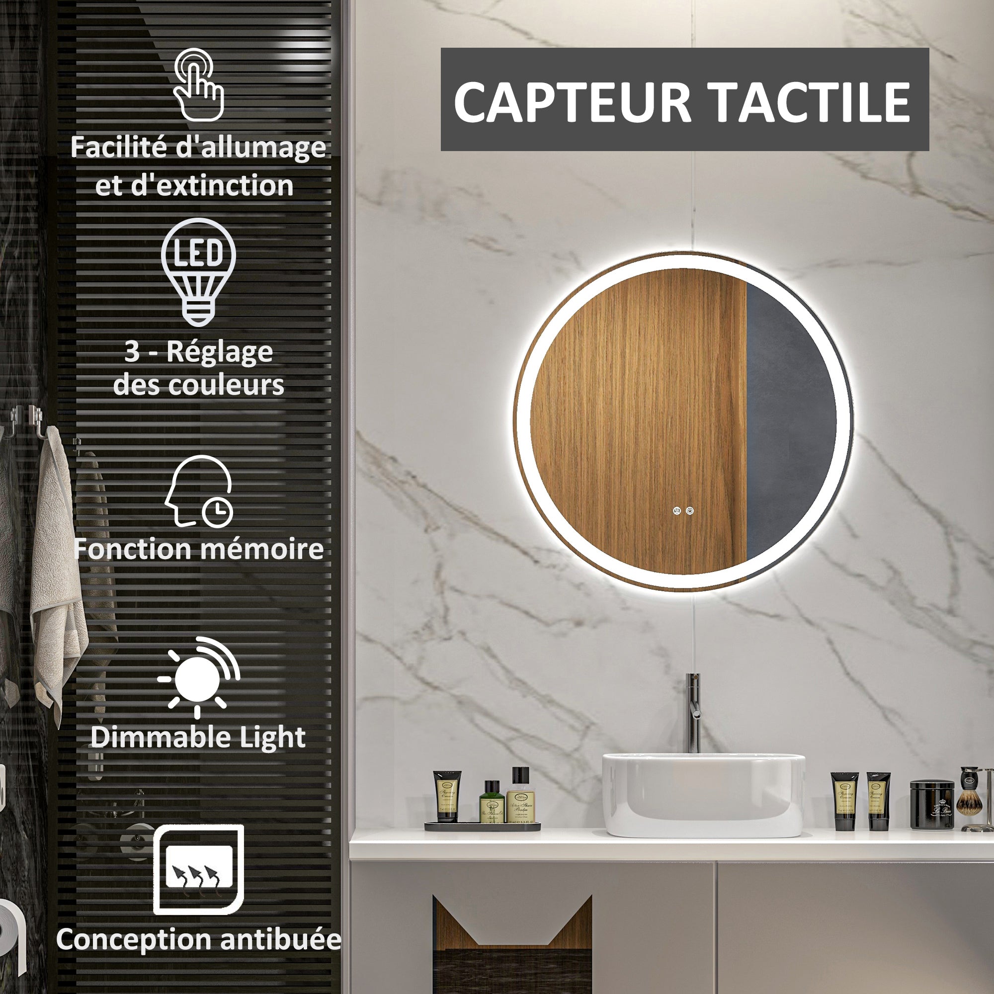 Miroir salle de bain avec éclairage Ø 60 cm miroir rond lumineux 3 couleurs interrupteur tactile système antibuée 29W blanc argent