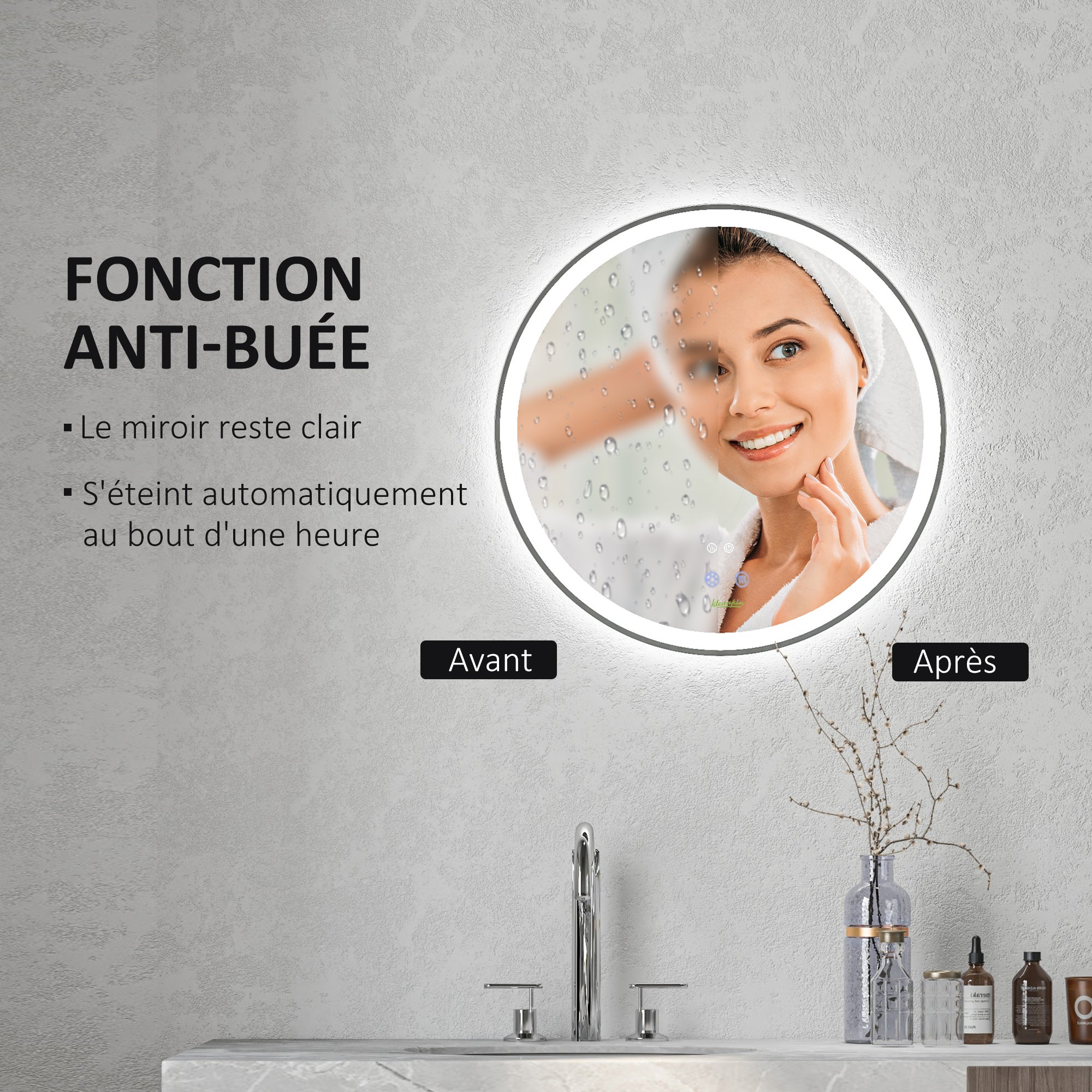 Miroir salle de bain avec éclairage Ø 60 cm miroir rond lumineux 3 couleurs interrupteur tactile système antibuée 29W blanc argent