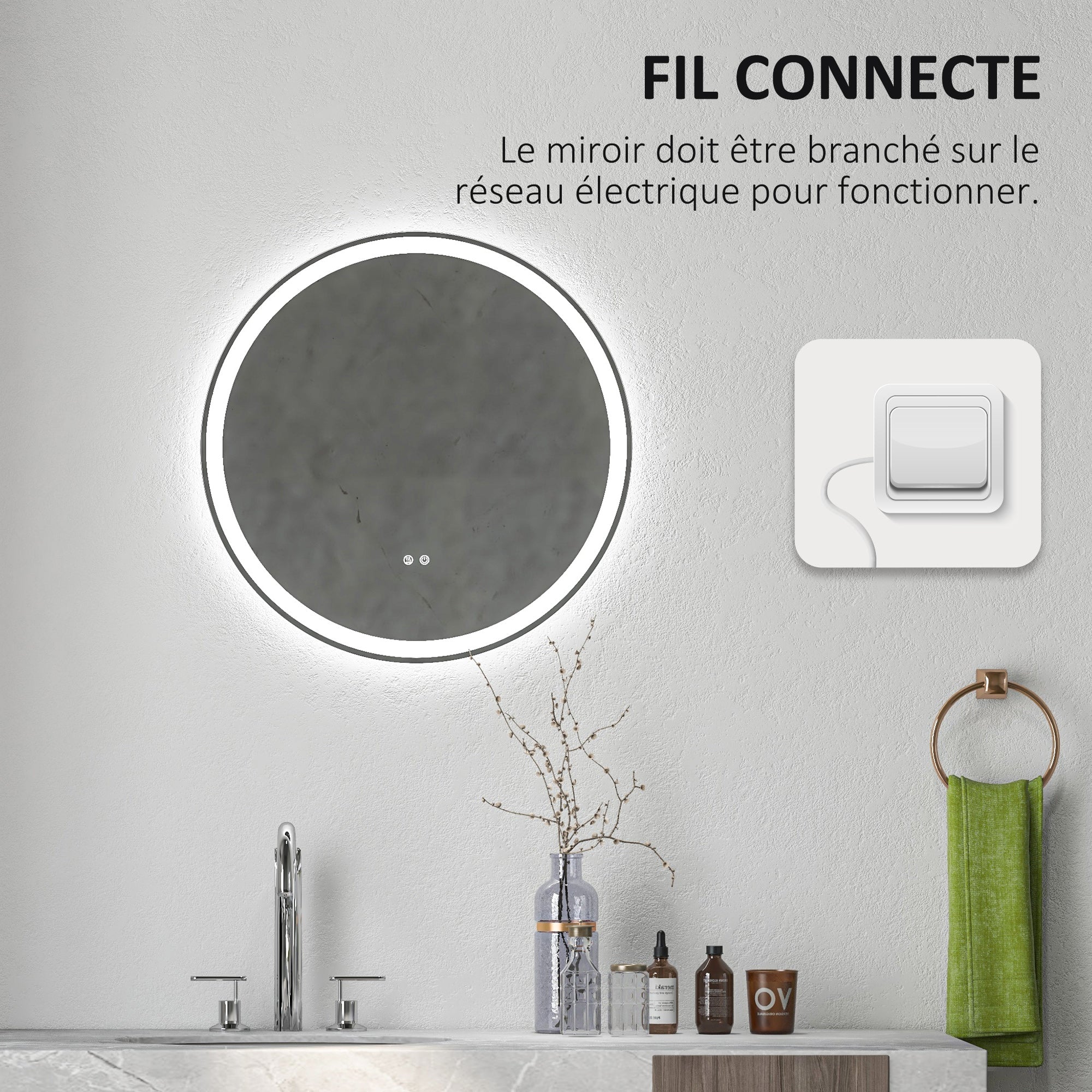 Miroir salle de bain avec éclairage Ø 60 cm miroir rond lumineux 3 couleurs interrupteur tactile système antibuée 29W blanc argent