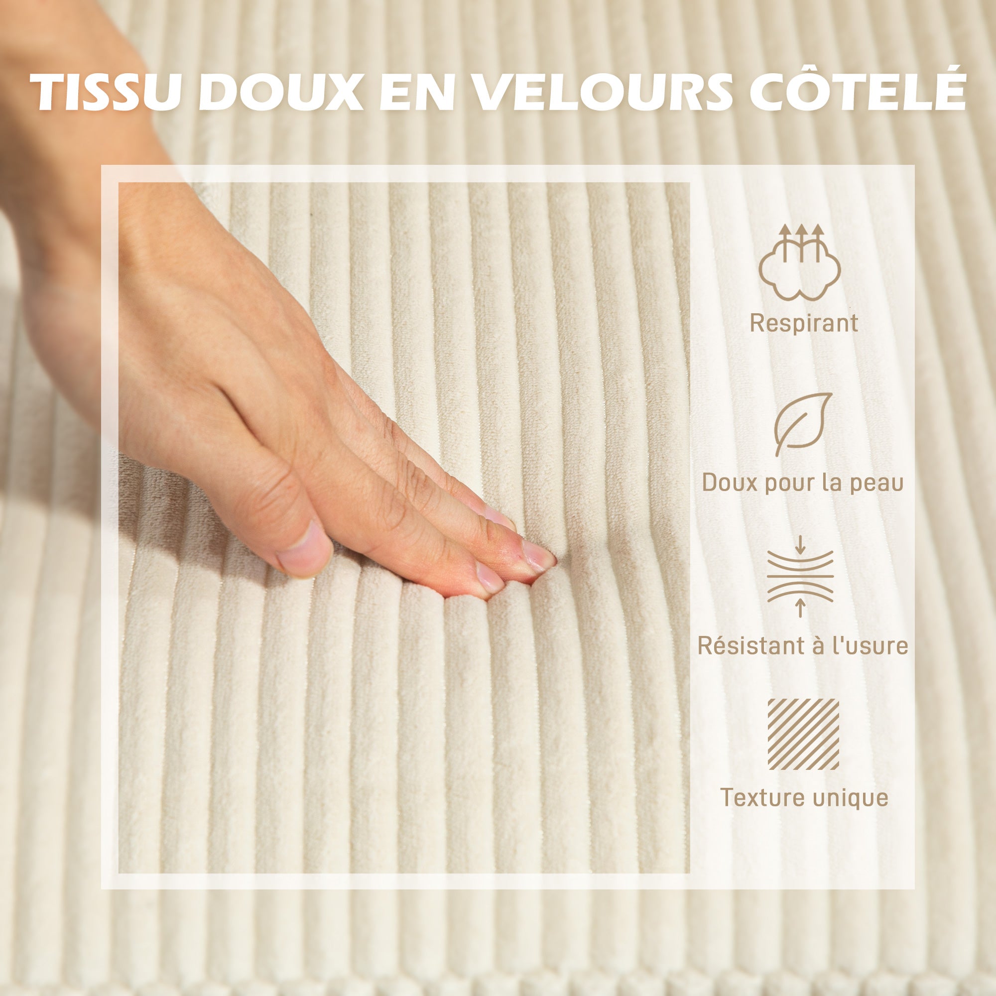 Canapé d'angle en velours côtelé canapé 3 places avec méridienne et coussin à ressorts épais, largeur 214 cm, design moderne, charge jusqu'à 400 Kg, pour salon, appartement, beige