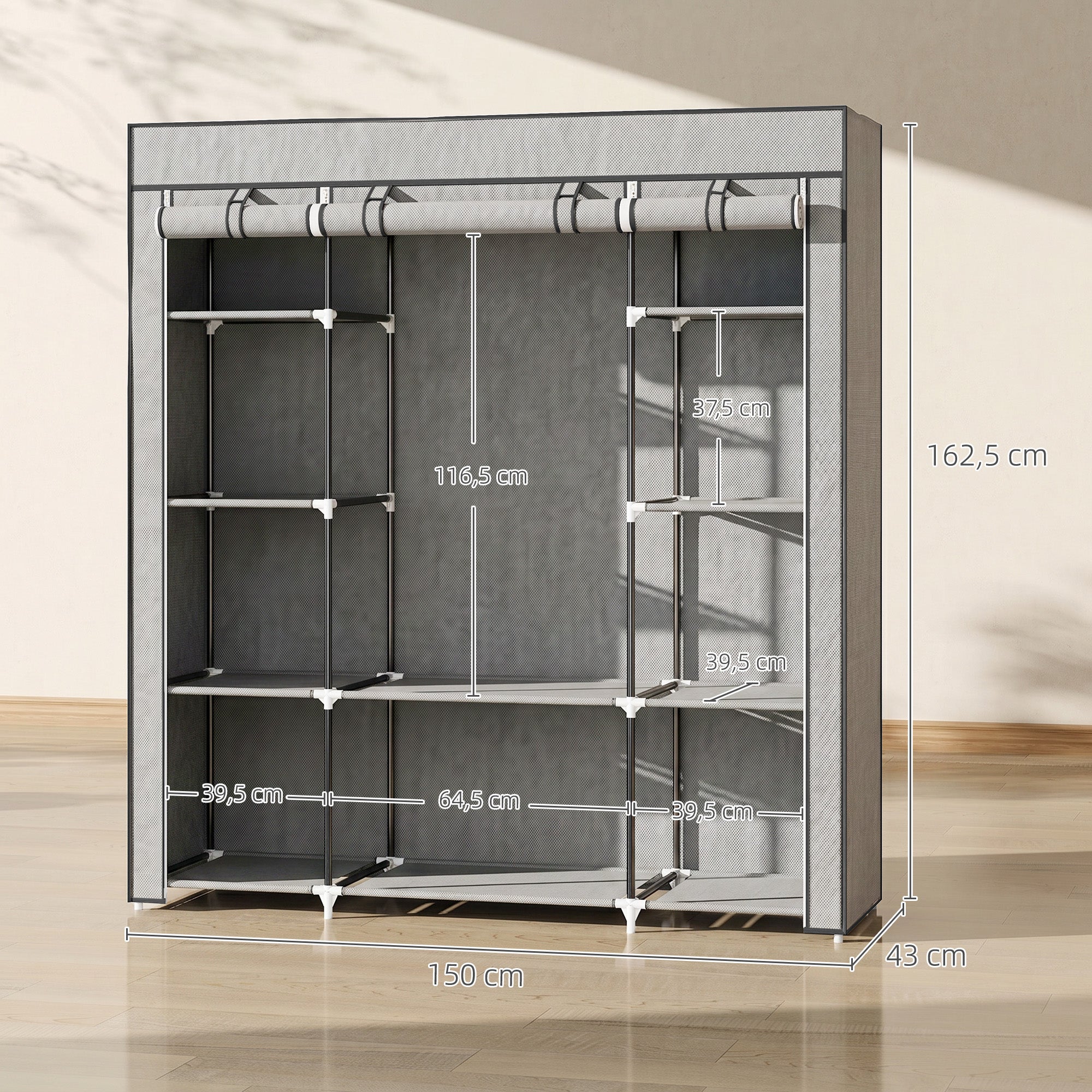 Armoire de rangement penderie en tissu, armoire chambre pliable, penderie vêtement avec barre de suspension et étagères pour vestiaire, chambre, dressing, 150 x 43 x 162,5 cm, gris clair