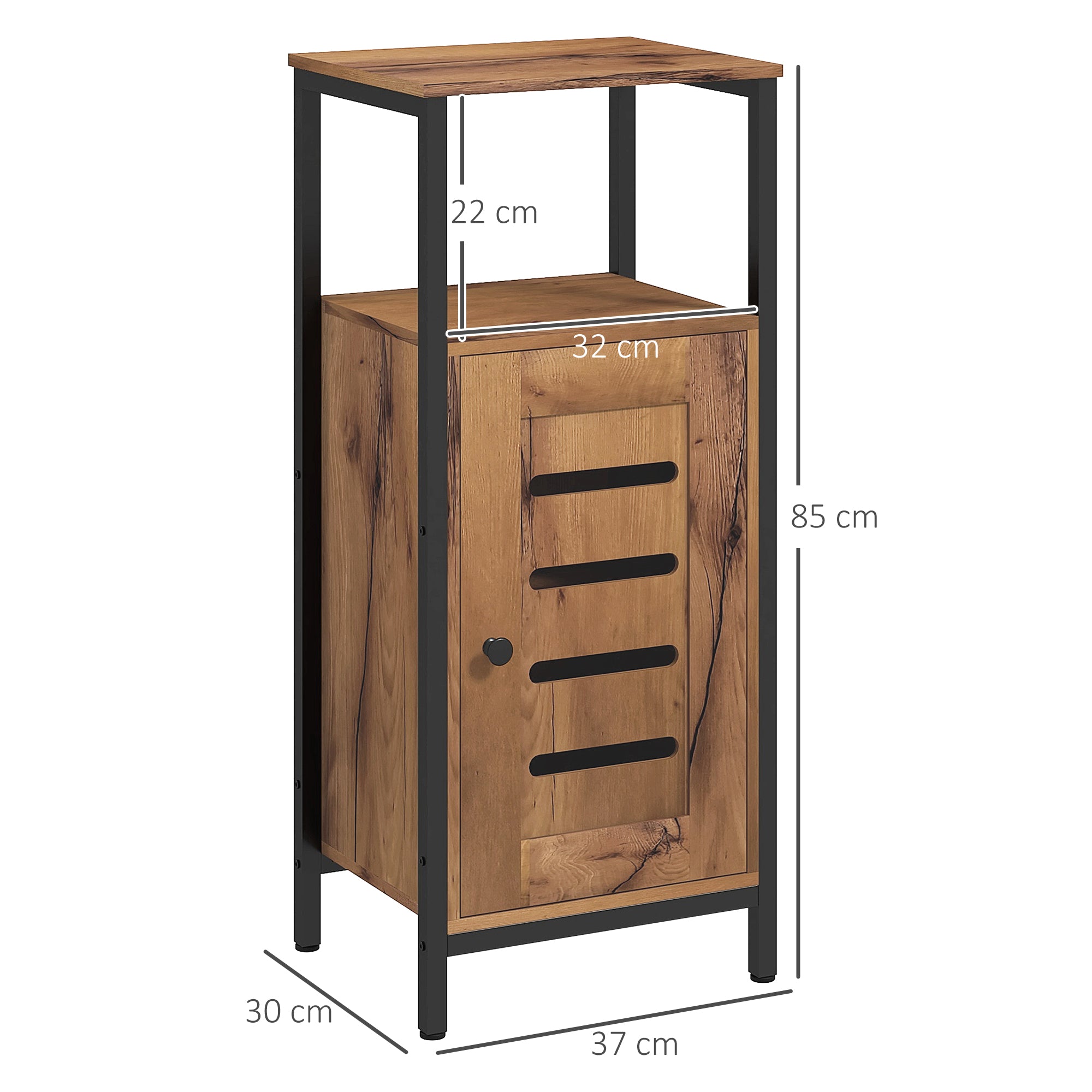 Meuble bas de salle de bain avec porte à lamelles, armoire de toilette avec structure en acier, meuble de rangement avec niche ouverte et étagère réglable, 37 x 30 x 85 cm, brun rustique