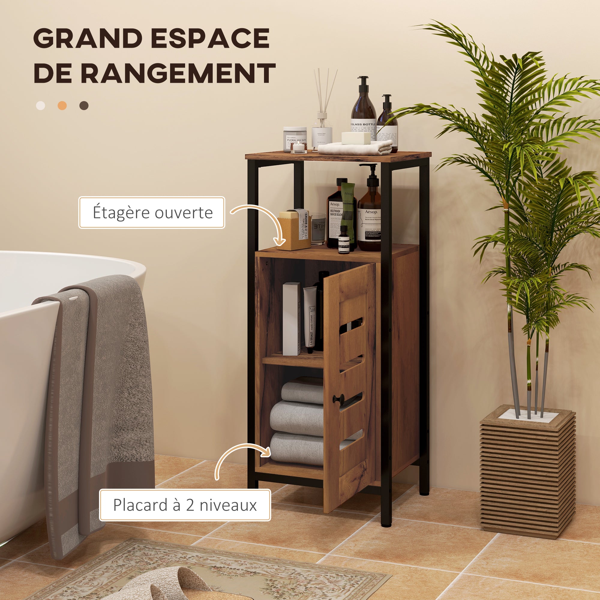 Meuble bas de salle de bain avec porte à lamelles, armoire de toilette avec structure en acier, meuble de rangement avec niche ouverte et étagère réglable, 37 x 30 x 85 cm, brun rustique