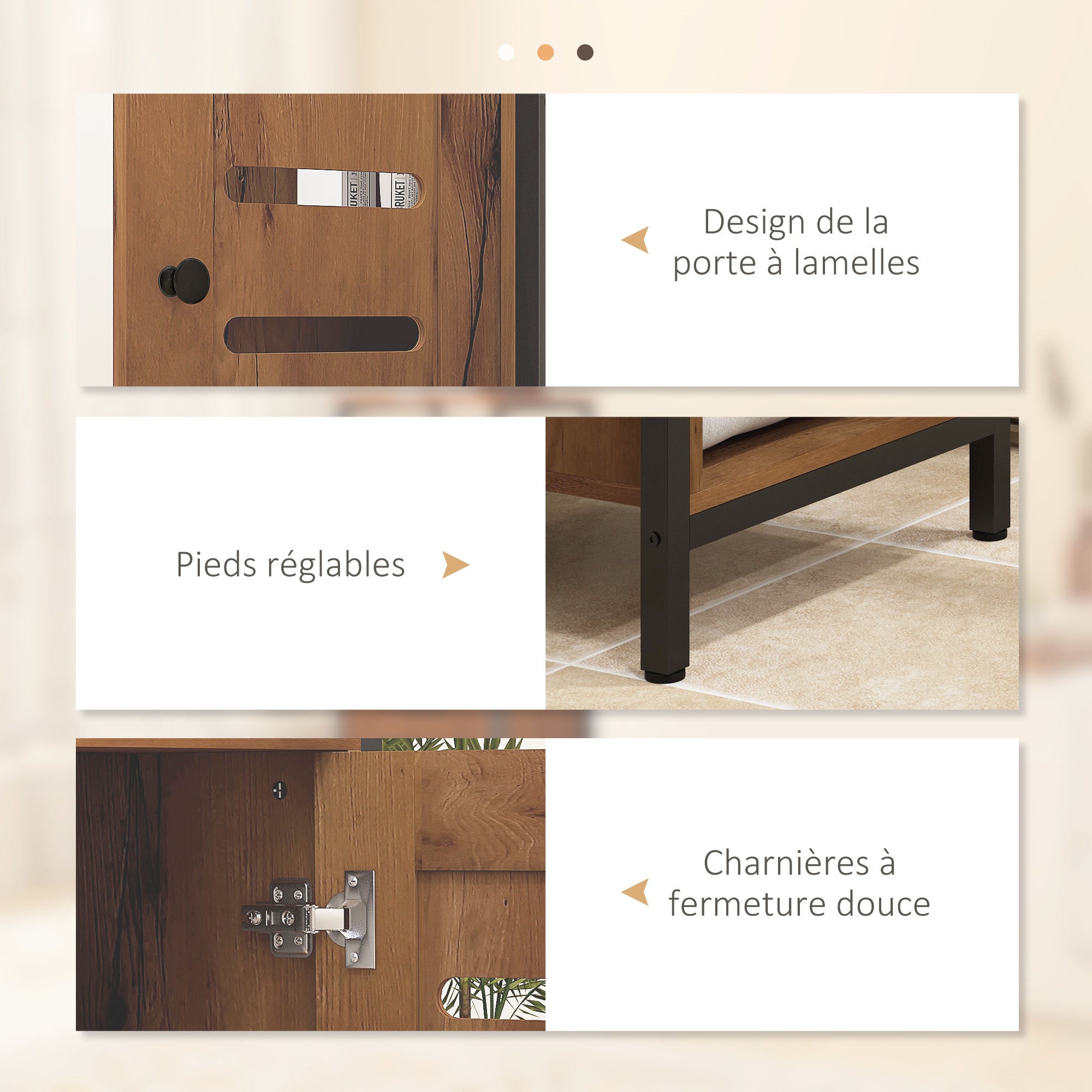 Meuble bas de salle de bain avec porte à lamelles, armoire de toilette avec structure en acier, meuble de rangement avec niche ouverte et étagère réglable, 37 x 30 x 85 cm, brun rustique