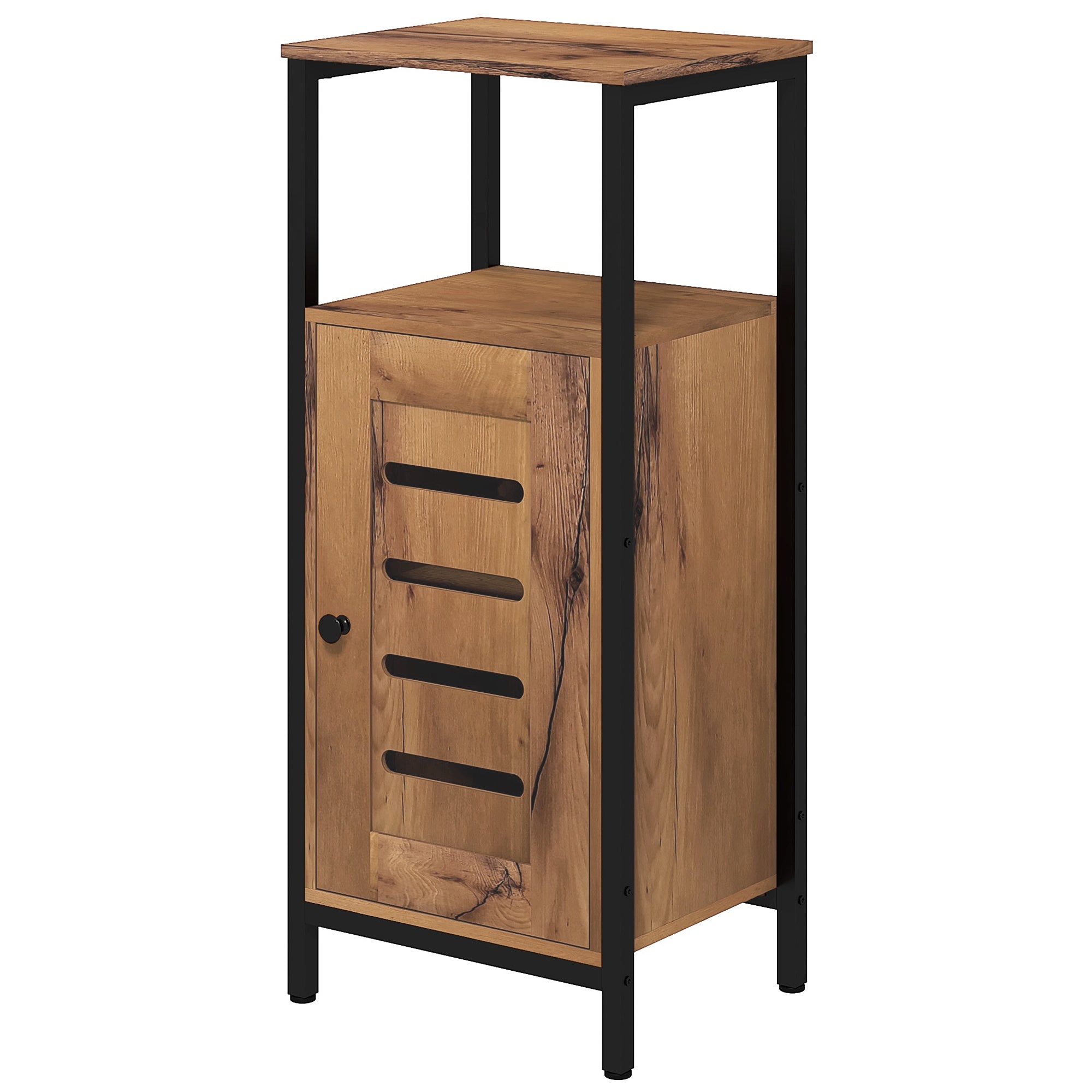 Meuble bas de salle de bain avec porte à lamelles, armoire de toilette avec structure en acier, meuble de rangement avec niche ouverte et étagère réglable, 37 x 30 x 85 cm, brun rustique