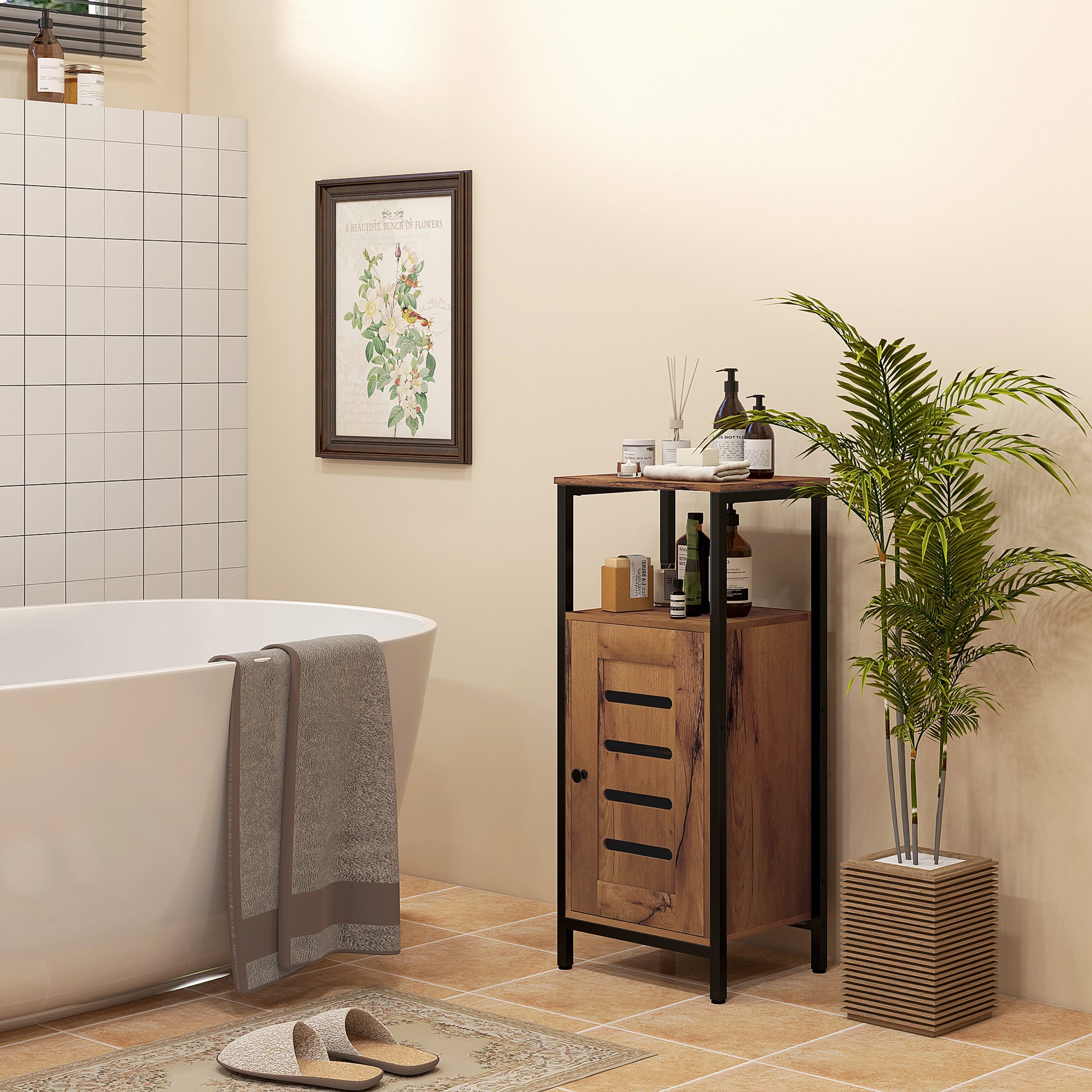 Meuble bas de salle de bain avec porte à lamelles, armoire de toilette avec structure en acier, meuble de rangement avec niche ouverte et étagère réglable, 37 x 30 x 85 cm, brun rustique