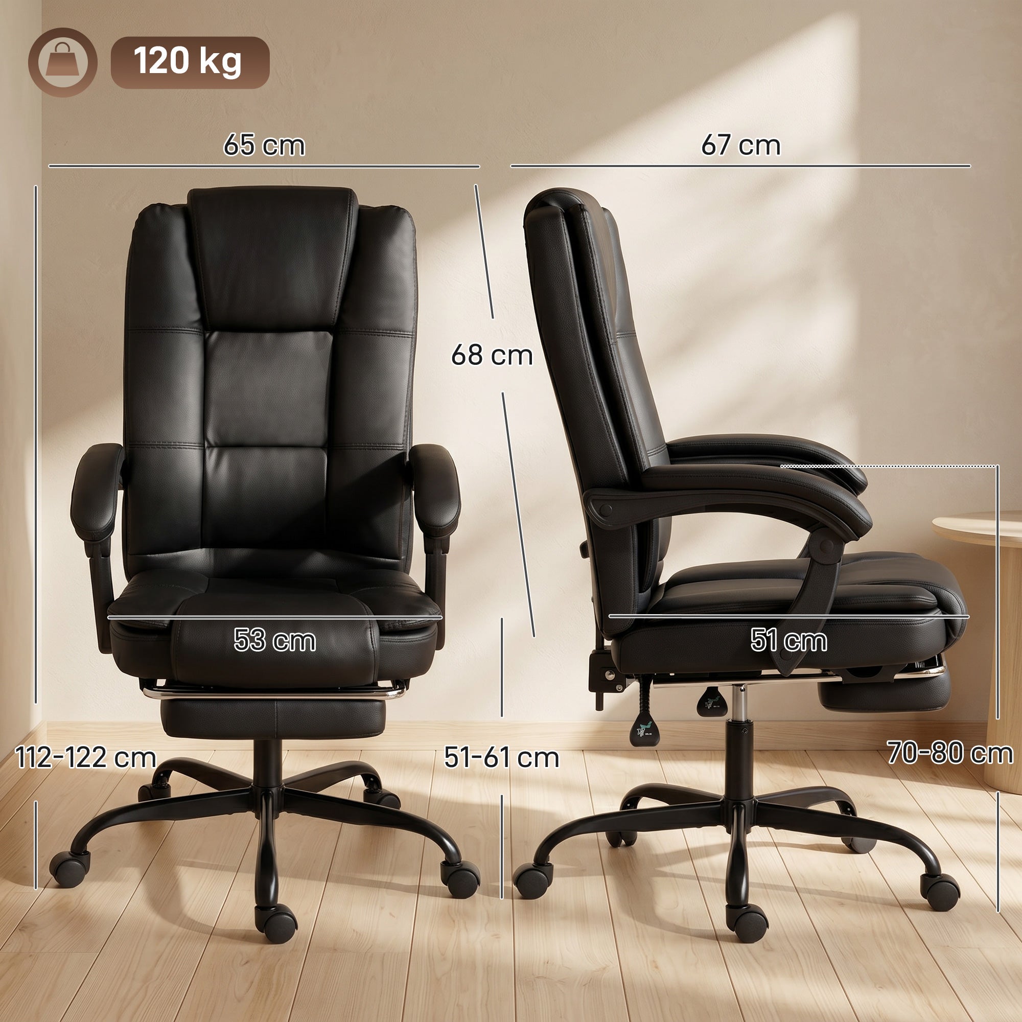 Chaise de Bureau Ergonomique, Fauteuil de Bureau Inclinable en PU avec Repose-Pieds Rétractable, Hauteur Réglable, Dossier Haut, Coussin Épais, Accoudoirs Liés, Pivotant 360°, Noir